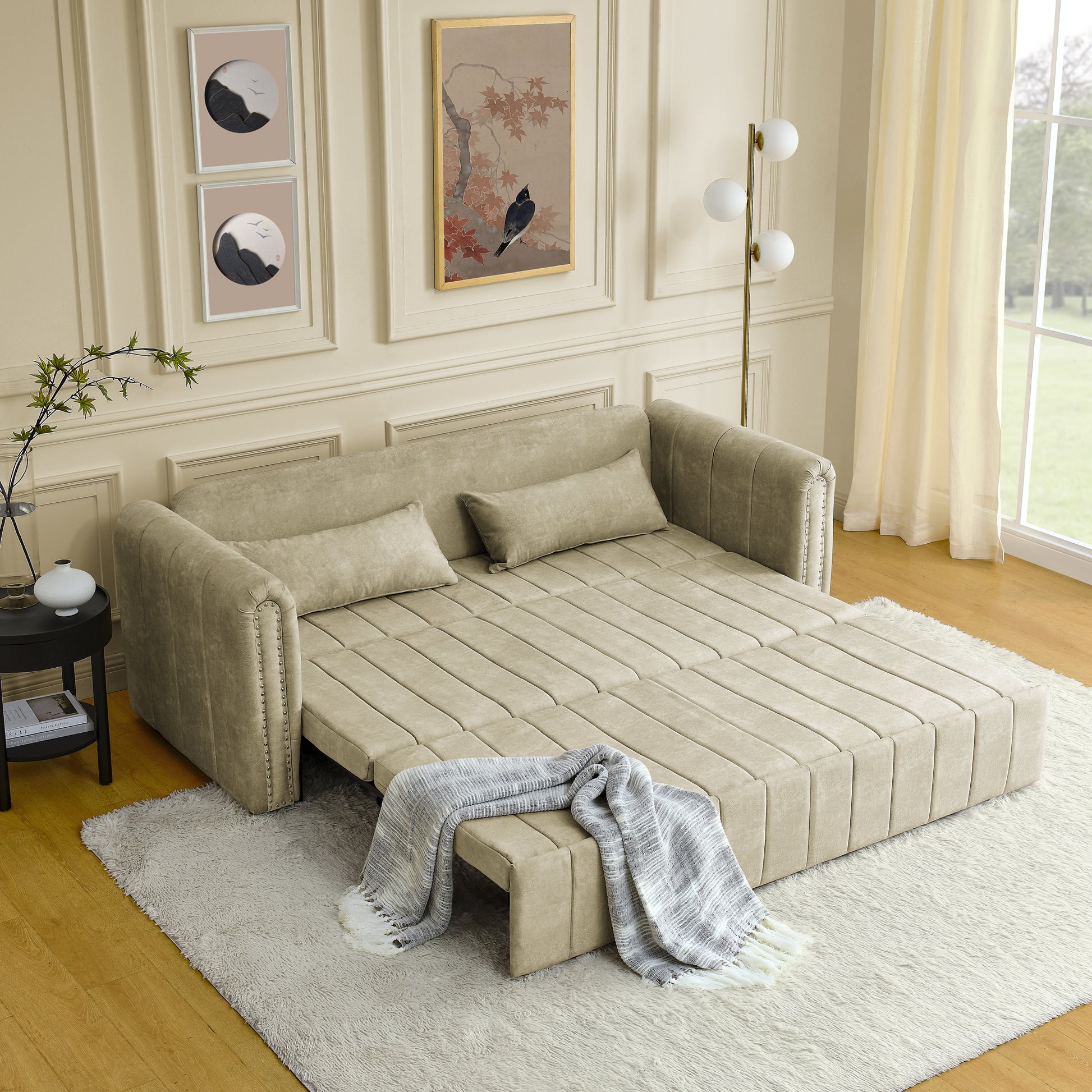 3 In 1 Pull Out Bed Sleeper, Modern Upholstered 3 Seats Lounge Sofa & Couches With Rolled Arms Decorated With Copper Nailsconvertible Futon 3 Seats Sofabed With Two Drawers And Two Pillows Beige Velvet Primary Living Space Medium Soft Cushion Back Square