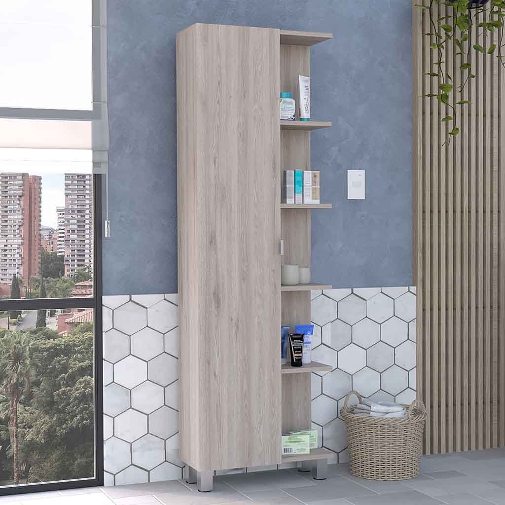 Linen Single Door Cabinet 62" H, Five External Shelves, Four Interior Shelves, Light Gray Gray Particle Board Particle Board