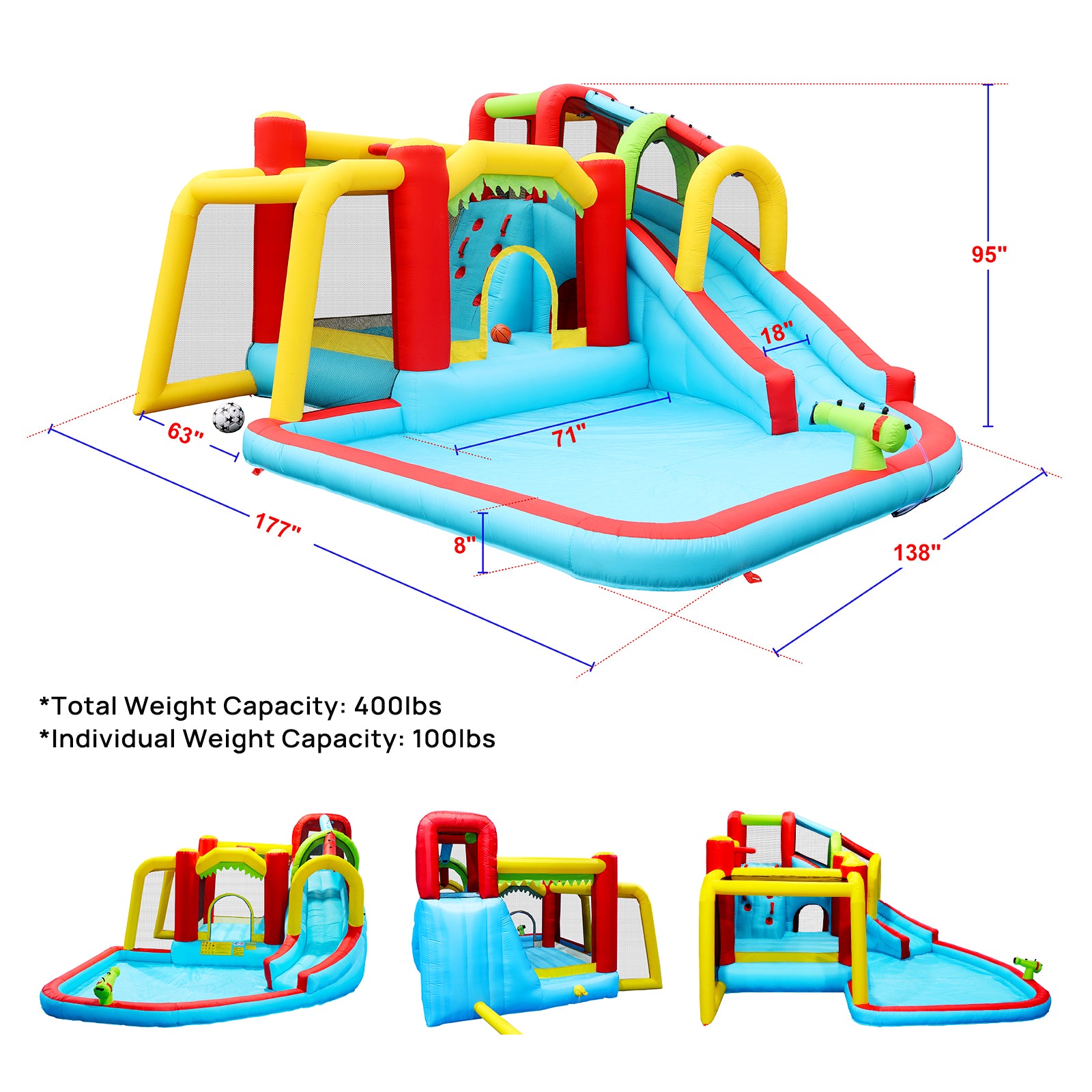 7 In1 Inflatable Slide Water Park Bouncing House Outdoor Soccer Garden Bouncer With Splash Pool & Water& Climbing Wall & Basketball & Football Multicolor Oxford Fabric