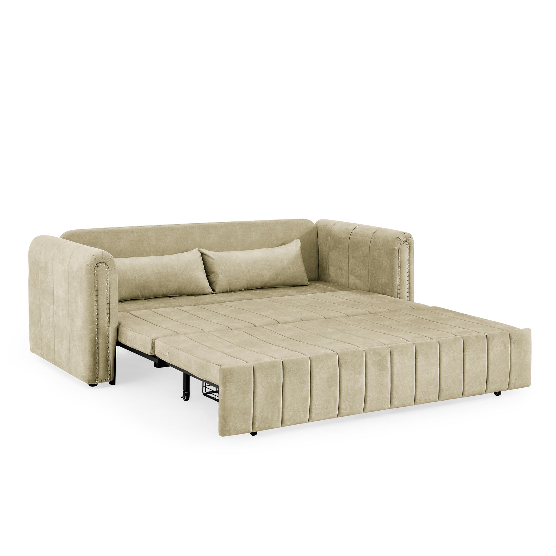 3 In 1 Pull Out Bed Sleeper, Modern Upholstered 3 Seats Lounge Sofa & Couches With Rolled Arms Decorated With Copper Nailsconvertible Futon 3 Seats Sofabed With Two Drawers And Two Pillows Beige Velvet Primary Living Space Medium Soft Cushion Back Square
