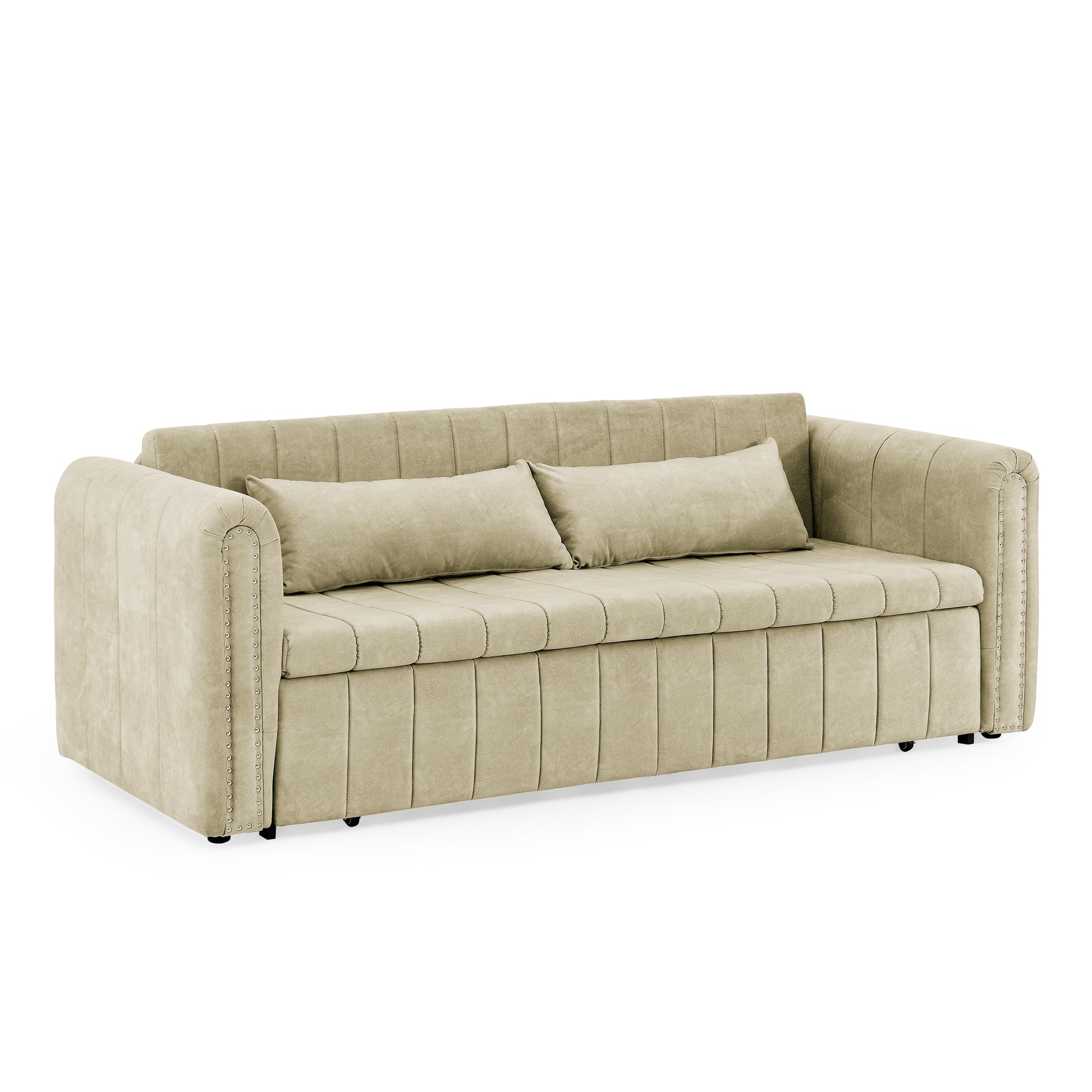 3 In 1 Pull Out Bed Sleeper, Modern Upholstered 3 Seats Lounge Sofa & Couches With Rolled Arms Decorated With Copper Nailsconvertible Futon 3 Seats Sofabed With Two Drawers And Two Pillows Beige Velvet Primary Living Space Medium Soft Cushion Back Square