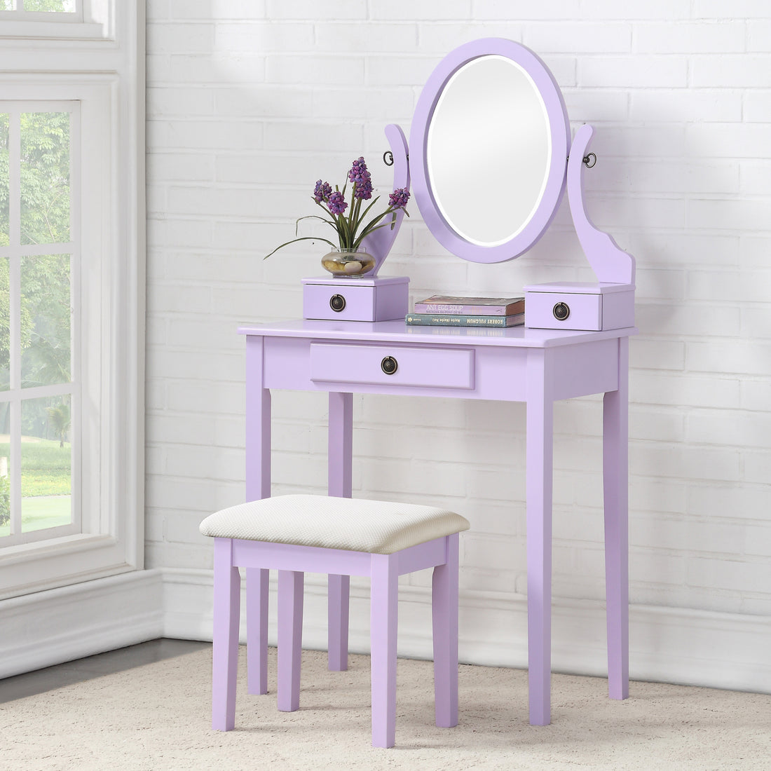 Moniys Wood Moniya Makeup Vanity Table And Stool Set, Purple Purple Wood