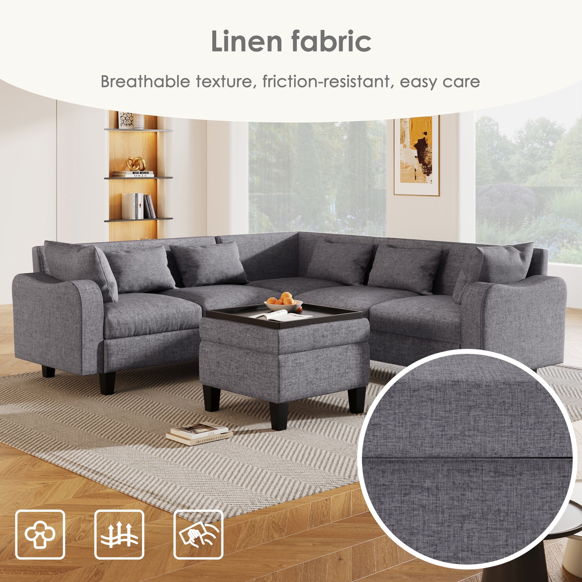 87" Modern Sectional Sofa With Coffee Table,6 Seat Couch Set With Storage Ottoman,Various Combinations,L Shape Indoor Furniture With Unique Armrests For Living Room,Apartment, 2 Colors 6 Pillows Gray Linen 6 Seat