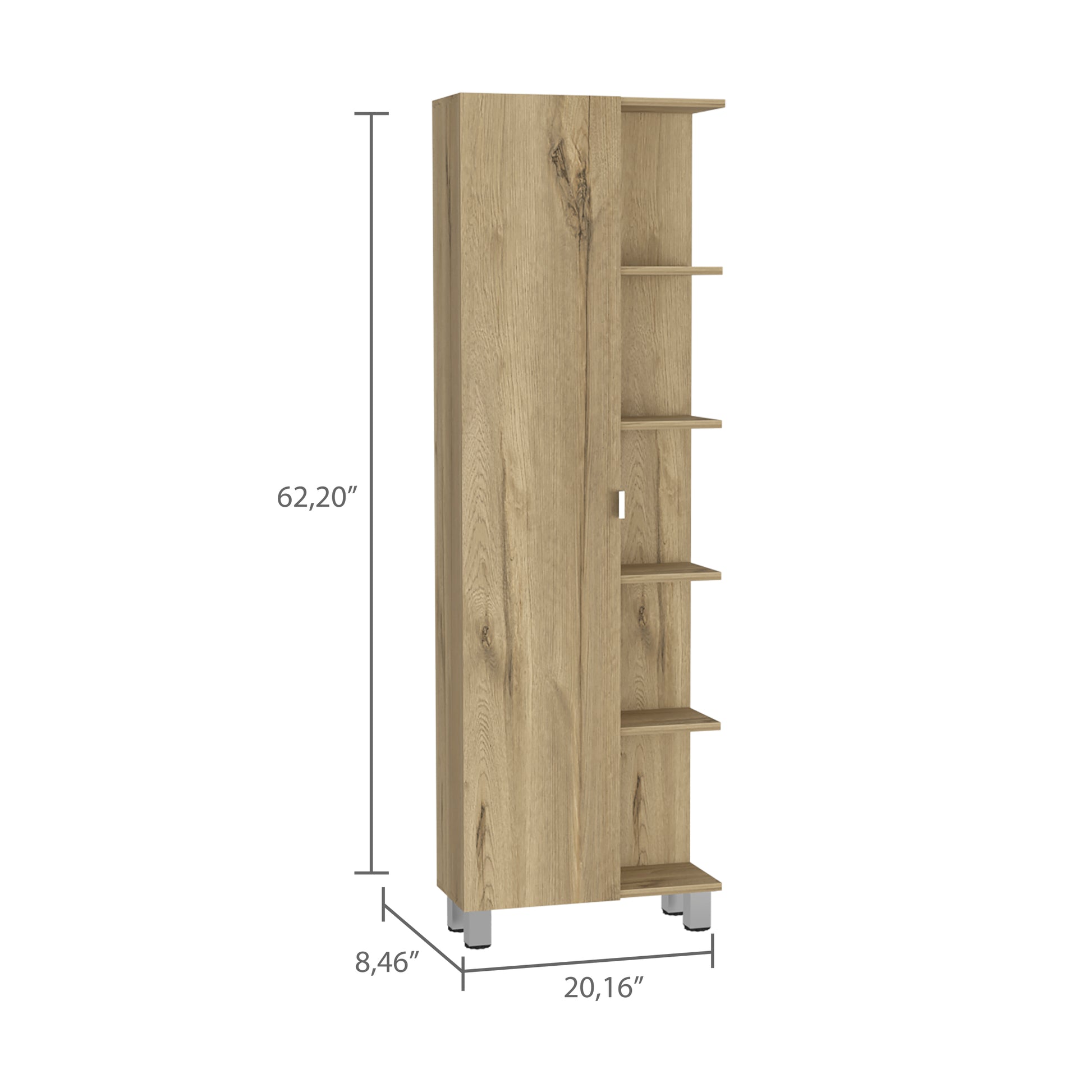 62H" Linen Single Door Cabinet, Five External Shelves, Four Interior Shelves, Light Oak Beige Particle Board Particle Board