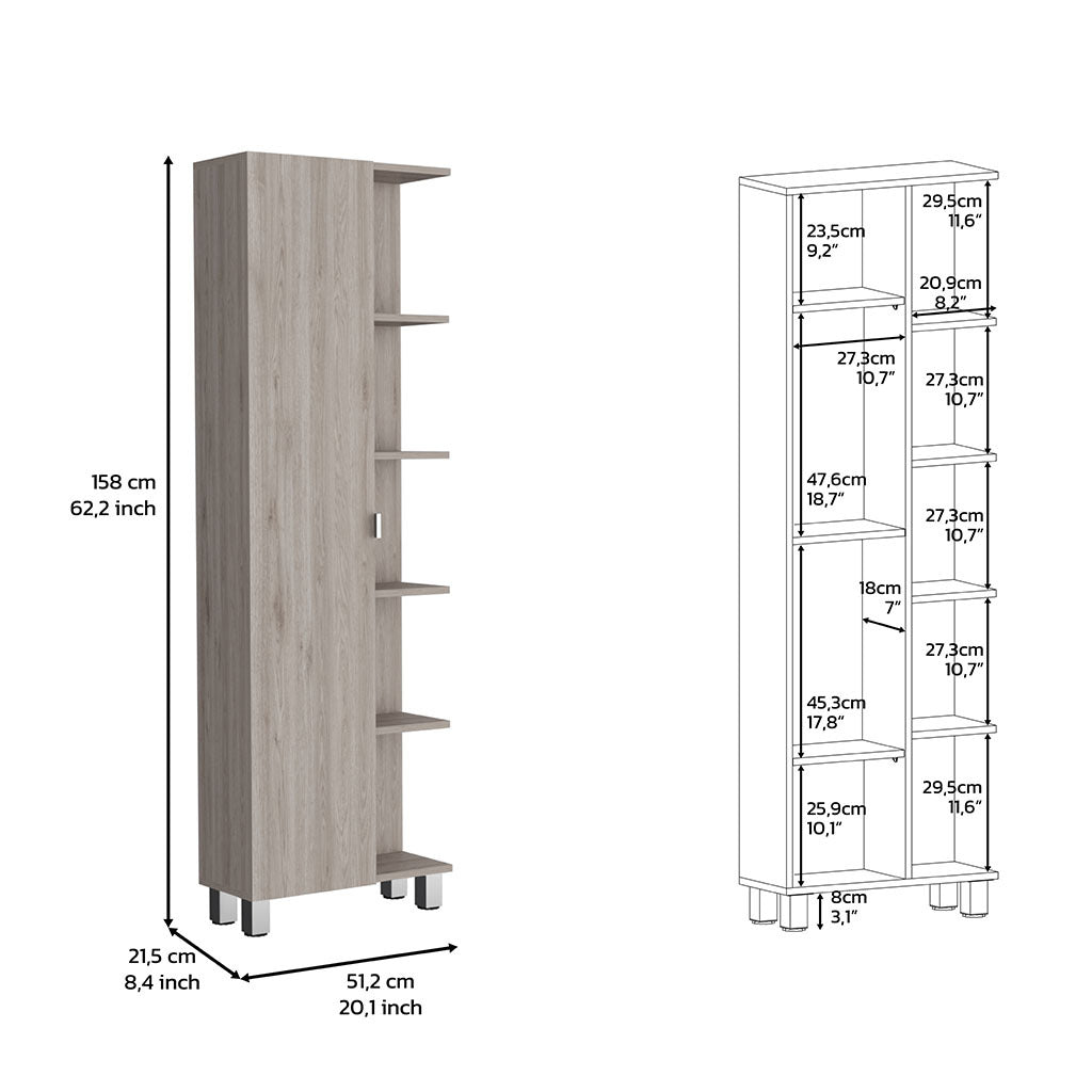 62H" Linen Single Door Cabinet, Five External Shelves, Four Interior Shelves, Light Gray Gray Particle Board Particle Board