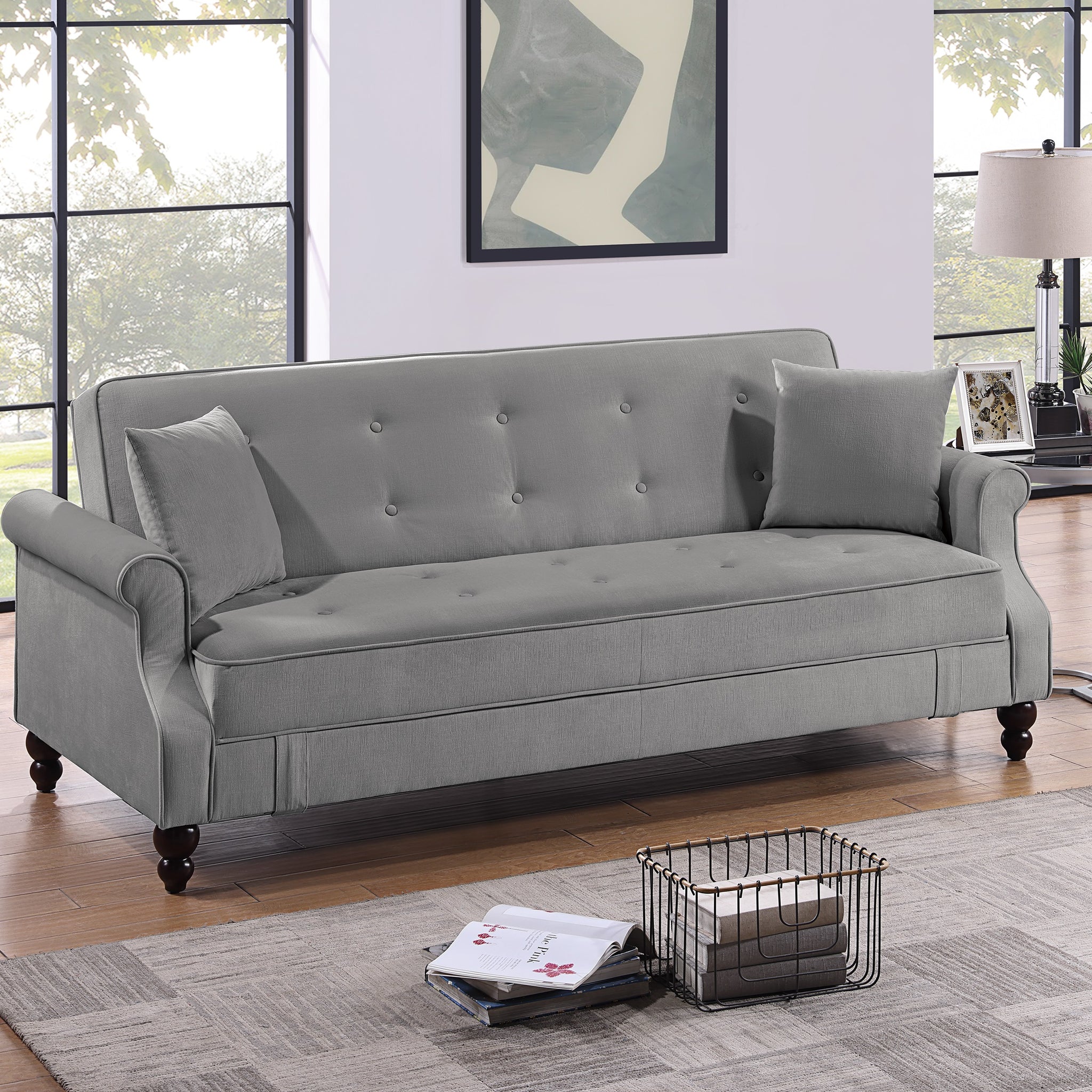 Contemporary Living Room Adjustable Sofa Gray Burnt Out Fabric Couch Plush Storage Couch 1Pc Futon Sofa W Pillows Tufted Back Rolled Arms Gray Wood Primary Living Space Contemporary,Modern Pine Fabric 2 Seat