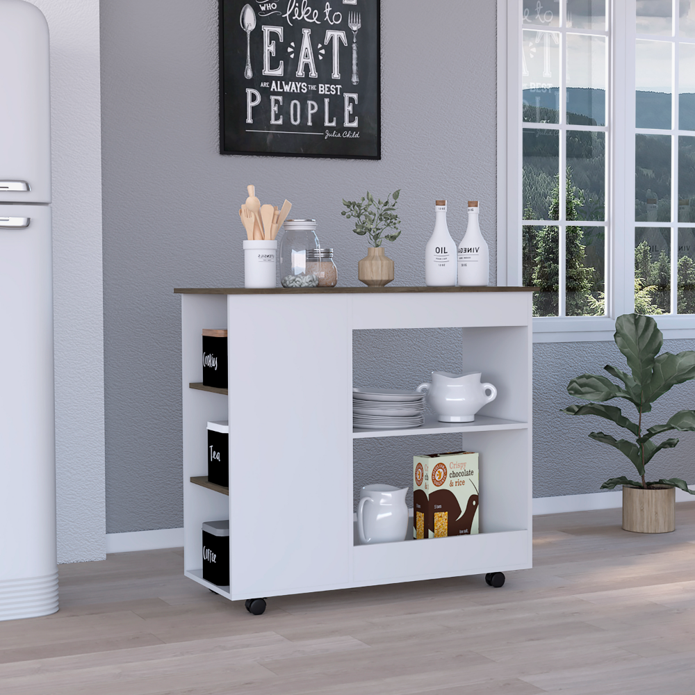 Depot E Shop Pl Kitchen Cart Two Storage Shelves, Three Side Shelves, Four Casters, White Dark Brown Multicolor Particle Board Particle Board