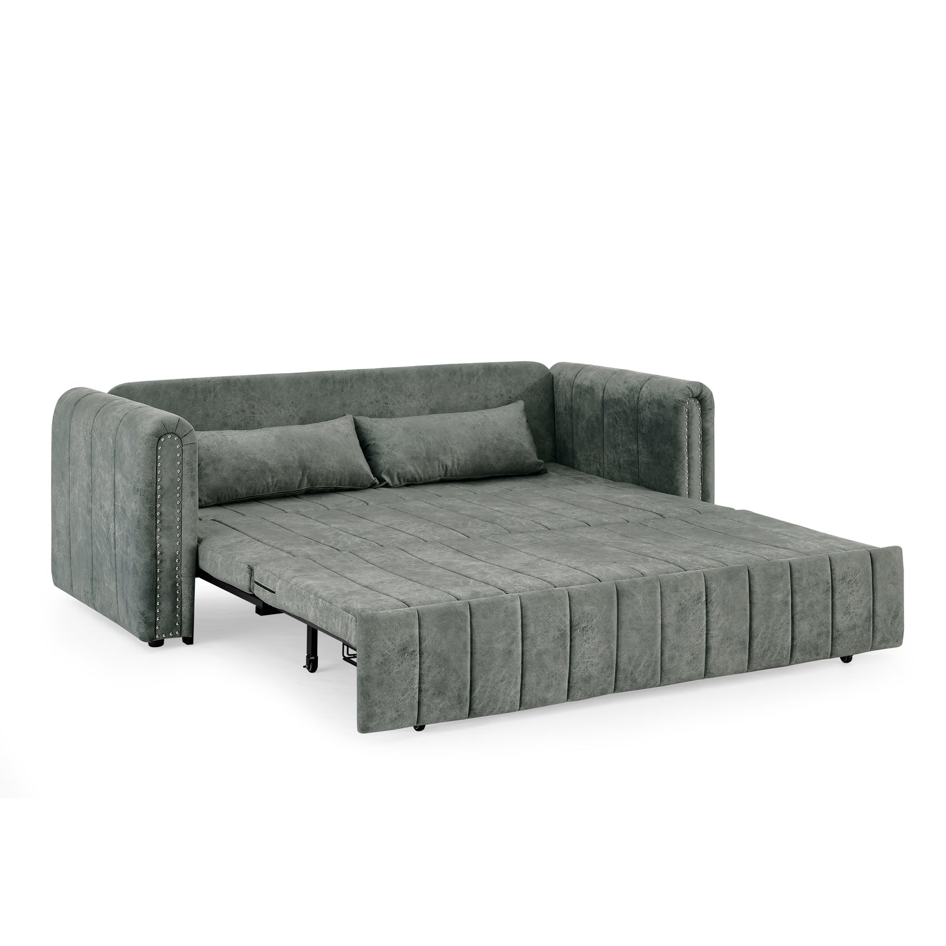 3 In 1 Pull Out Bed Sleeper, Modern Upholstered 3 Seats Lounge Sofa & Couches With Rolled Arms Decorated With Copper Nailsconvertible Futon 3 Seats Sofabed With Two Drawers And Two Pillows Grey Velvet Primary Living Space Medium Soft Cushion Back Square