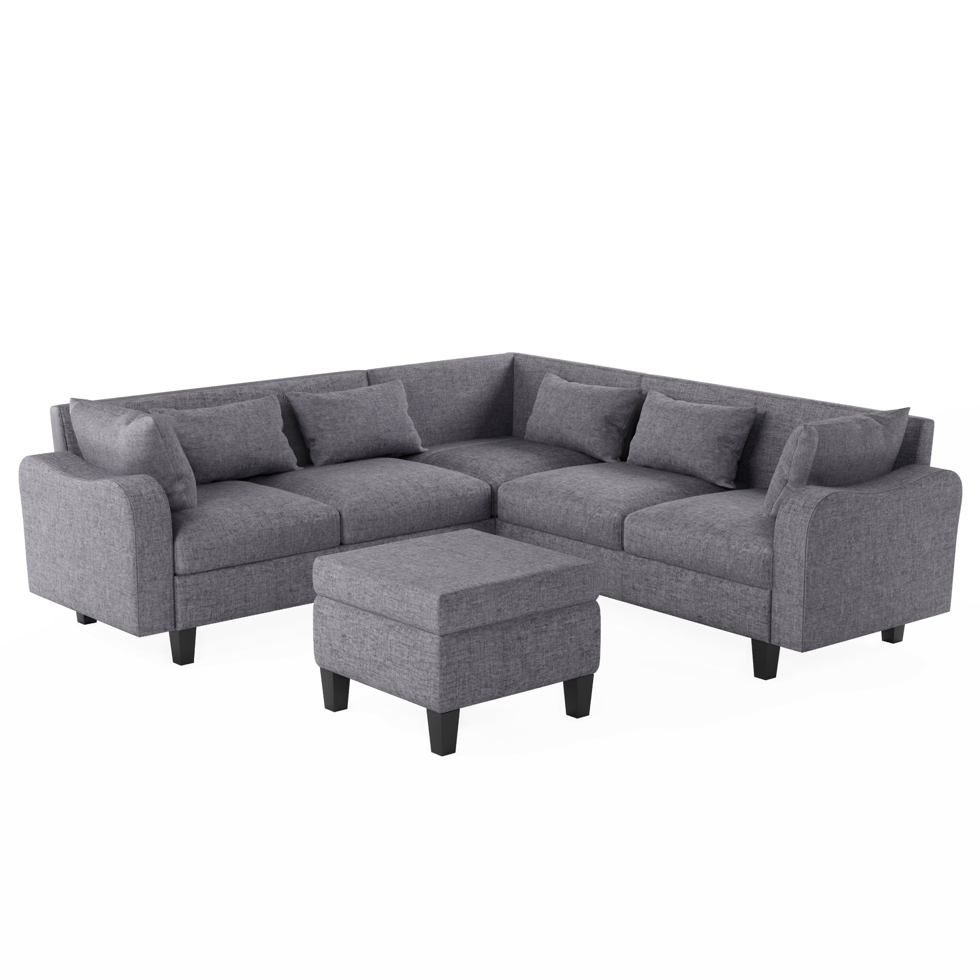 87" Modern Sectional Sofa With Coffee Table,6 Seat Couch Set With Storage Ottoman,Various Combinations,L Shape Indoor Furniture With Unique Armrests For Living Room,Apartment, 2 Colors 6 Pillows Gray Linen 6 Seat