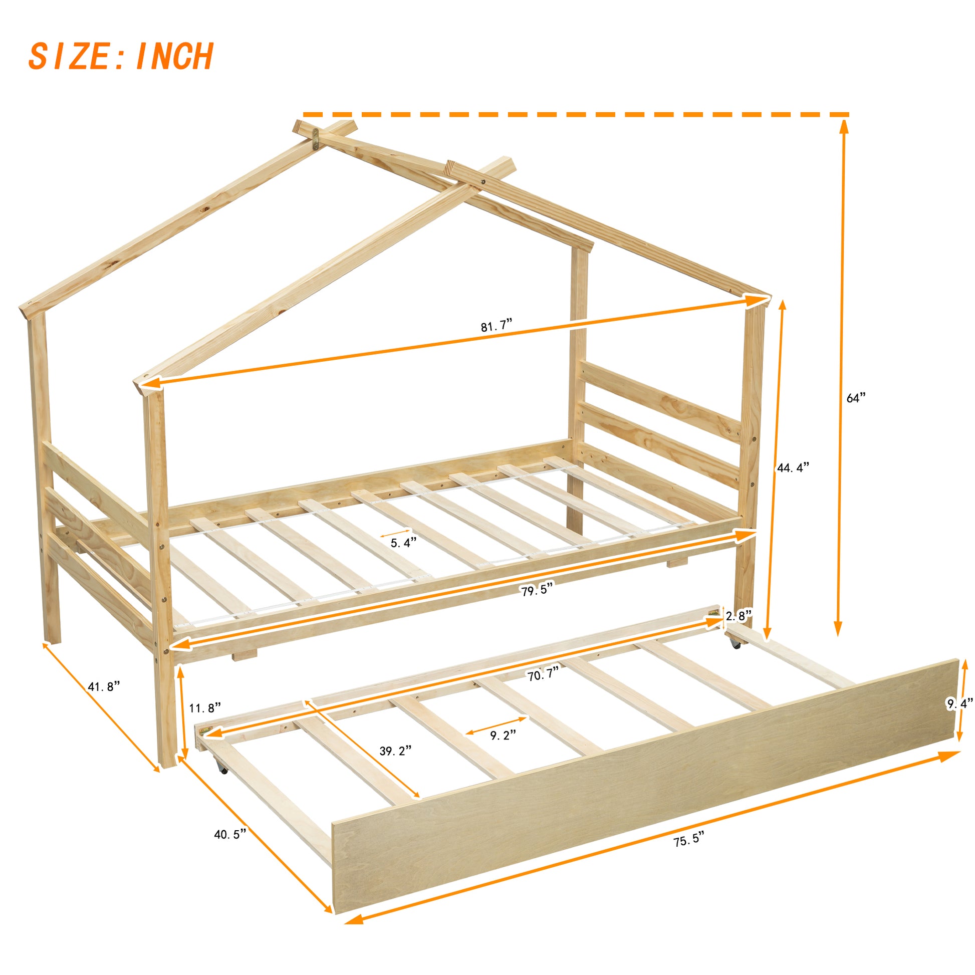 Twin Size House Shaped Bed With Trundle,Natural Twin Natural Wood Bedroom American Design Pine Bed Frame Pine