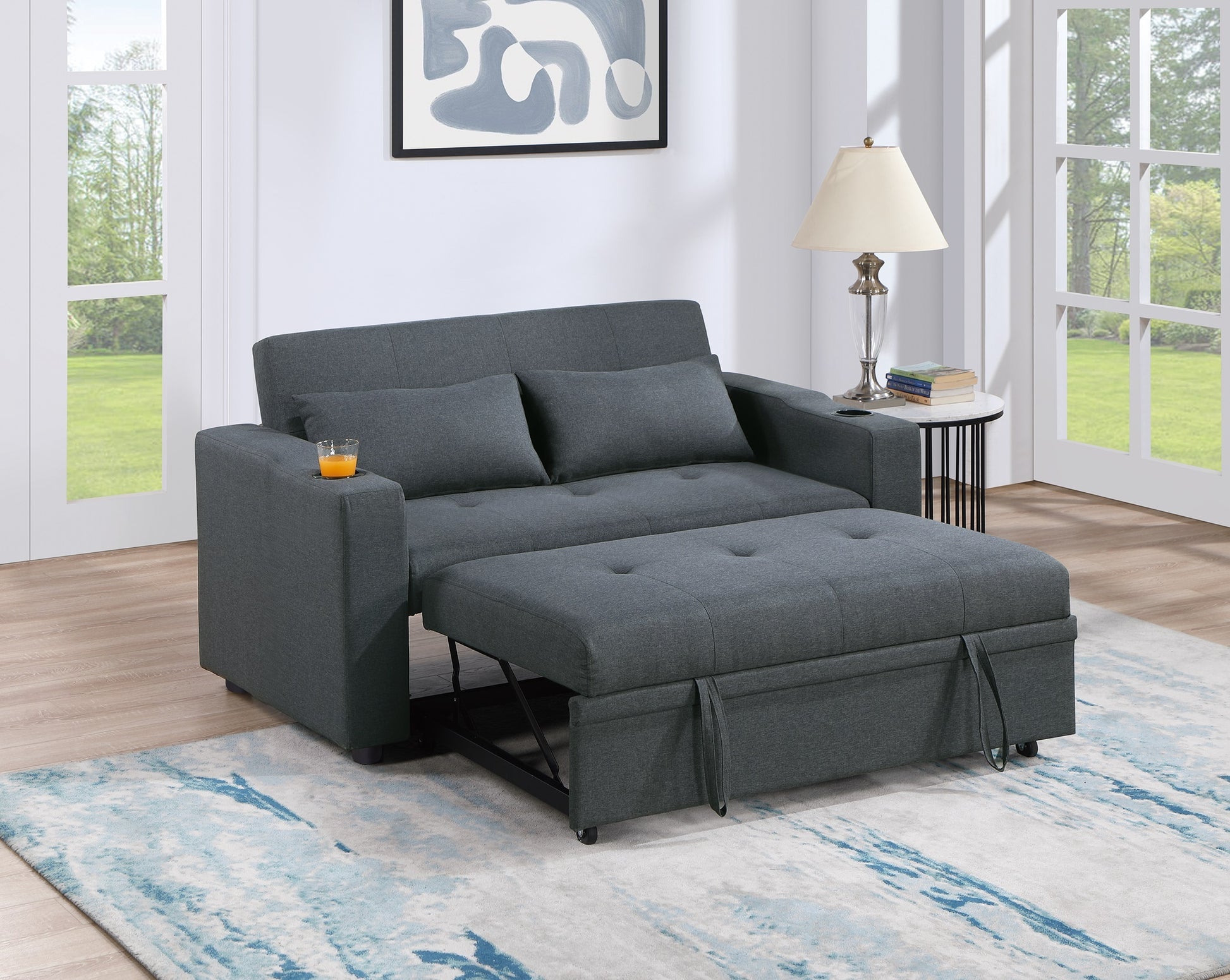 Contemporary Charcoal Sleeper Sofa Pillows Plush Tufted Seat 1Pc Convertible Sofa W Cup Holder Polyfiber Couch Living Room Furniture Charcoal Wood Primary Living Space Contemporary,Modern Pine Fabric 2 Seat