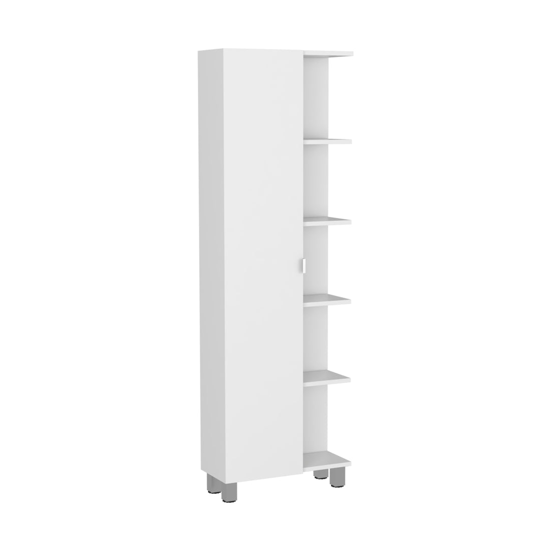 62H" Linen Single Door Cabinet, Five External Shelves, Four Interior Shelves, White White Particle Board Particle Board