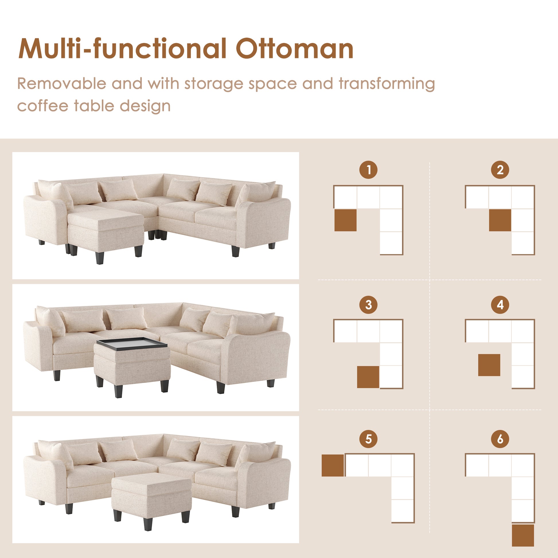 87" Modern Sectional Sofa With Coffee Table,6 Seat Couch Set With Storage Ottoman,Various Combinations,L Shape Indoor Furniture With Unique Armrests For Living Room,Apartment, 2 Colors 6 Pillows Beige Linen 6 Seat