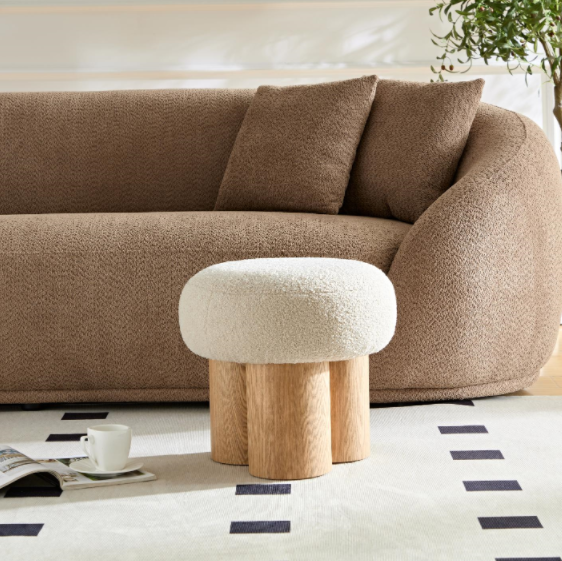 W8017 1 Mushroom Stool, Grieg Plush Cushion, Wooden Barrel Pvc Pipe, Walnut Finish Greige Broadcloth Pleat