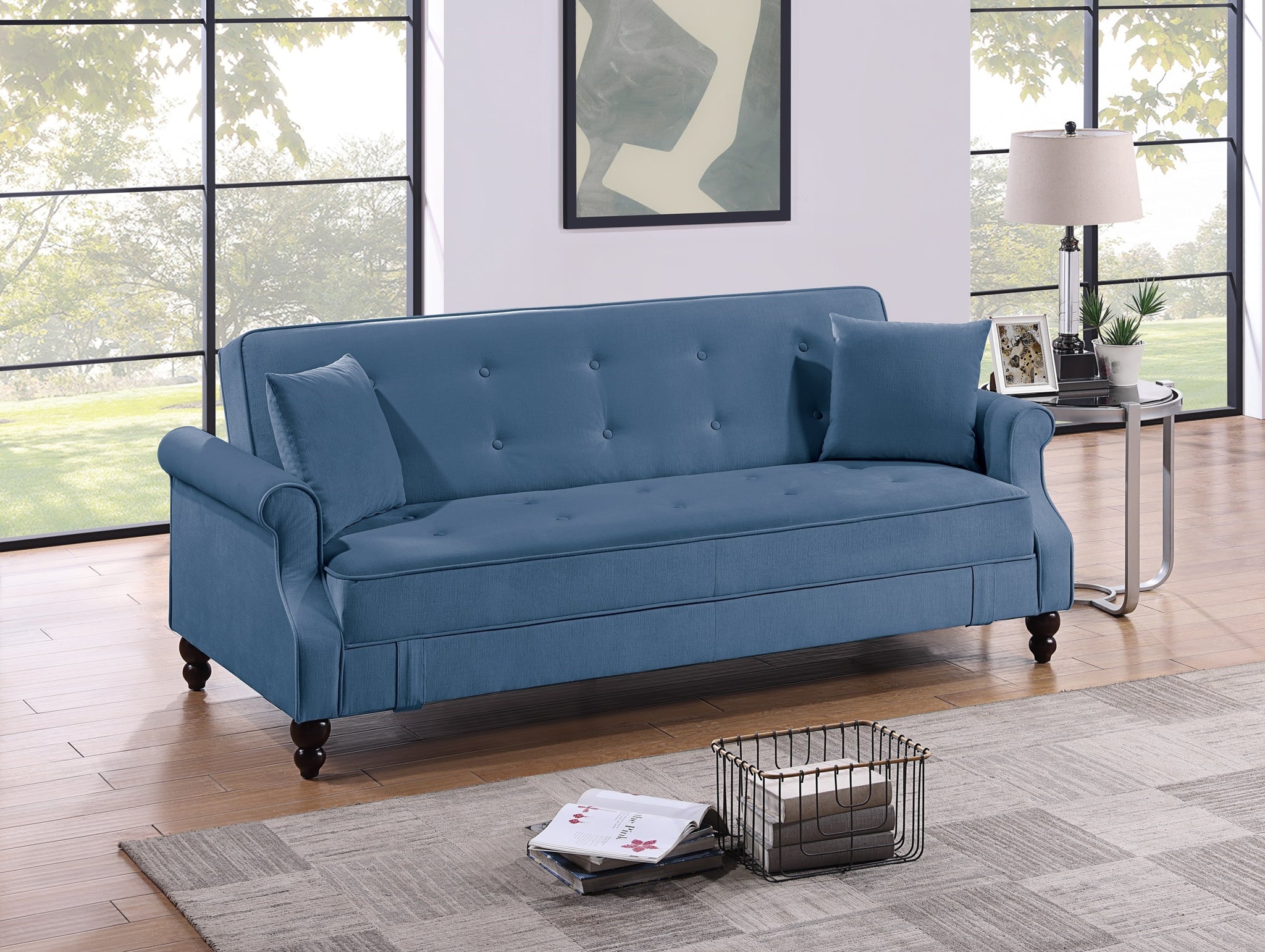 Contemporary Living Room Adjustable Sofa Blue Burnt Out Fabric Couch Plush Storage Couch 1Pc Futon Sofa W Pillows Tufted Back Rolled Arms Blue Wood Primary Living Space Contemporary,Modern Pine Fabric 2 Seat