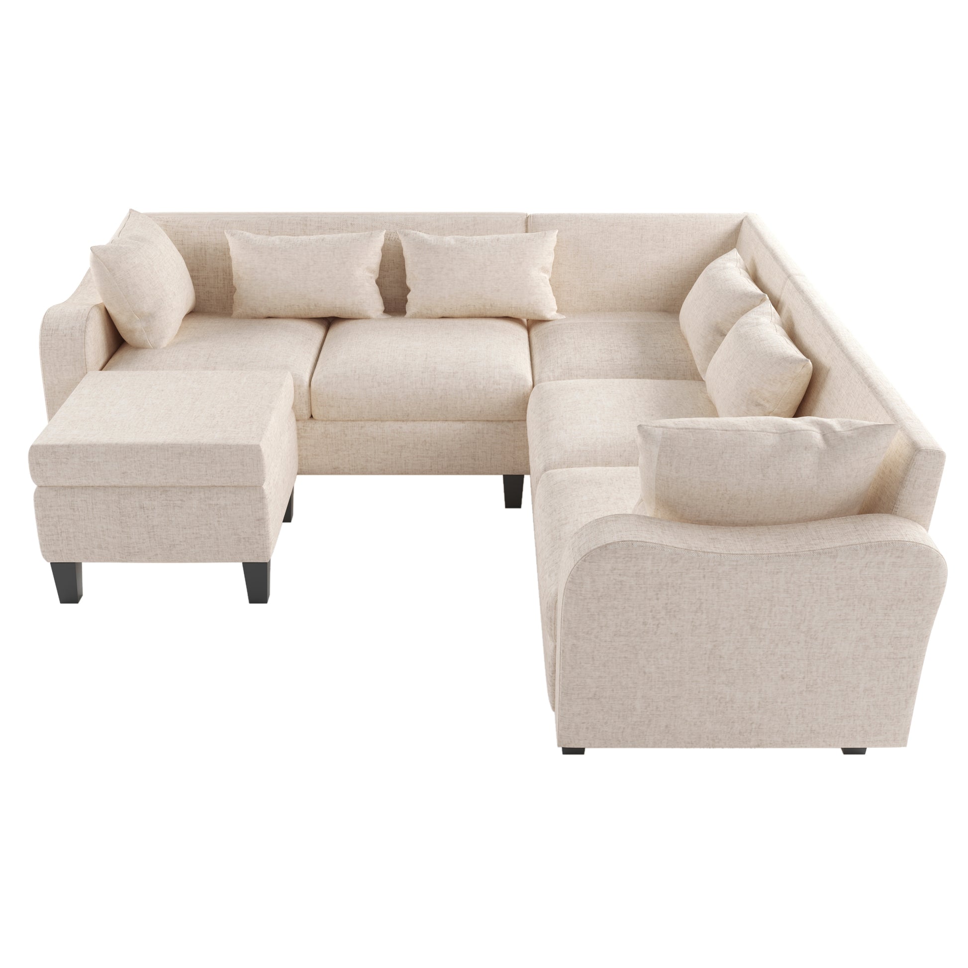 87" Modern Sectional Sofa With Coffee Table,6 Seat Couch Set With Storage Ottoman,Various Combinations,L Shape Indoor Furniture With Unique Armrests For Living Room,Apartment, 2 Colors 6 Pillows Beige Linen 6 Seat