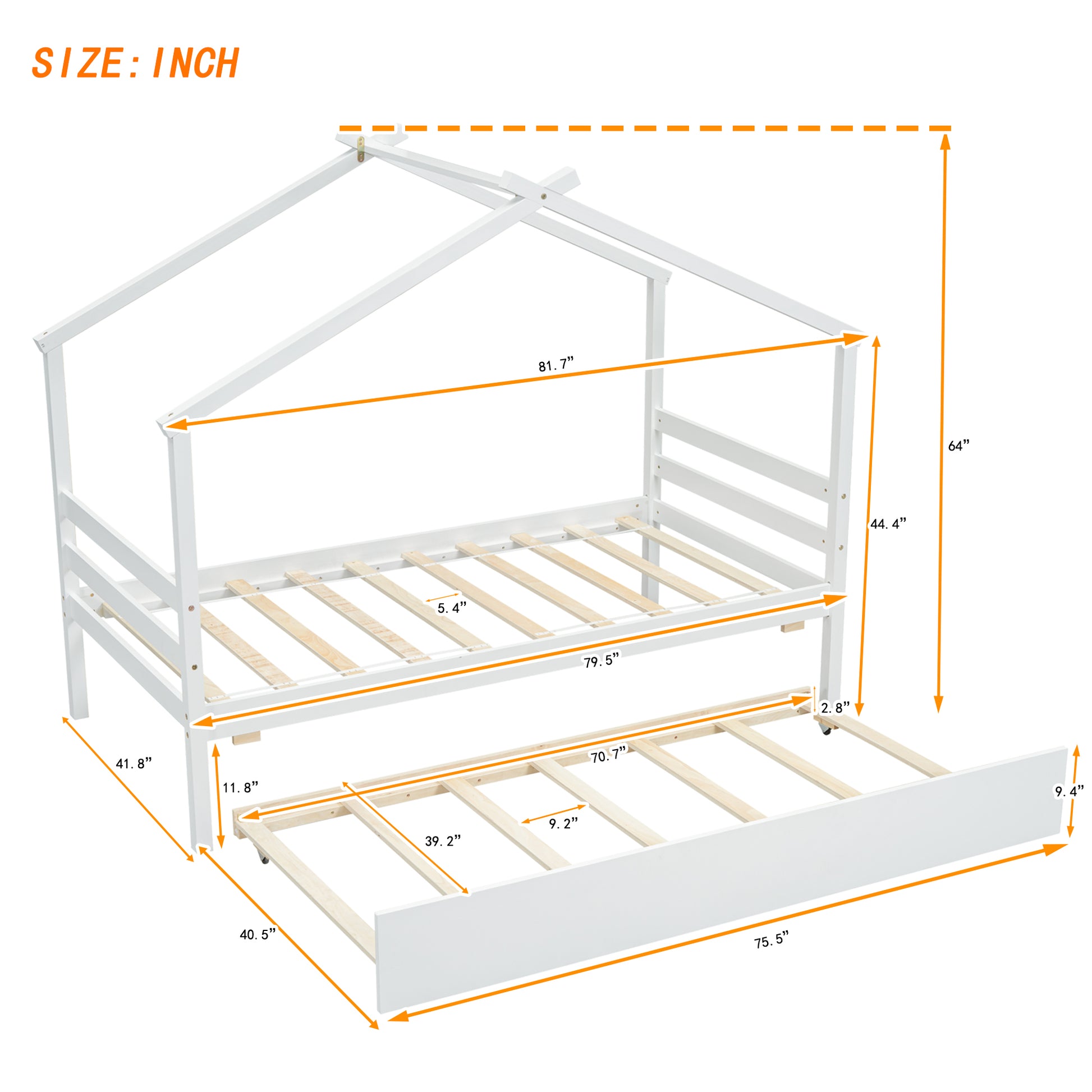 Twin Size House Shaped Bed With Trundle,White Twin White Wood Bedroom American Design Pine Bed Frame Pine