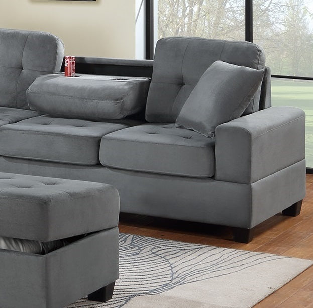 Dark Gray Plush Microfiber Living Room Furniture 3 Pcs Reversible Sectional Sofa Set Sofa W Cup Holder Reversible Chaise And Storage Ottoman Dark Gray Primary Living Space Contemporary,Modern,Transitional L Shaped Rubberwood Microfiber 5 Seat