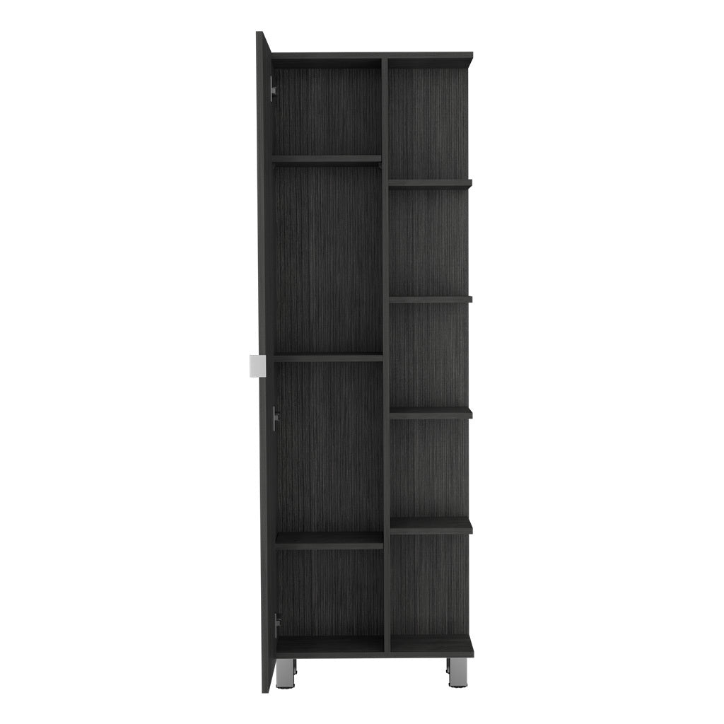 Linen Single Door Cabinet 62" H, Five External Shelves, Four Interior Shelves, Smokey Oak Gray Particle Board Particle Board