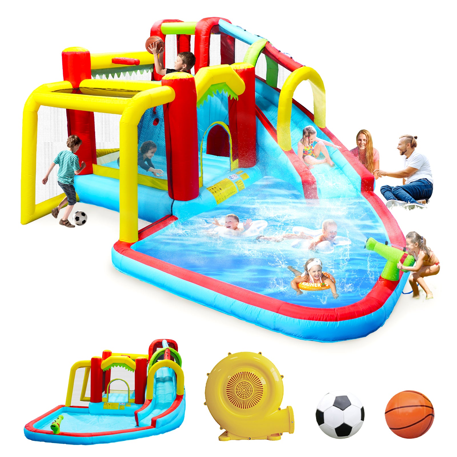 7 In1 Inflatable Slide Water Park Bouncing House Outdoor Soccer Garden Bouncer With Splash Pool & Water& Climbing Wall & Basketball & Football Multicolor Oxford Fabric