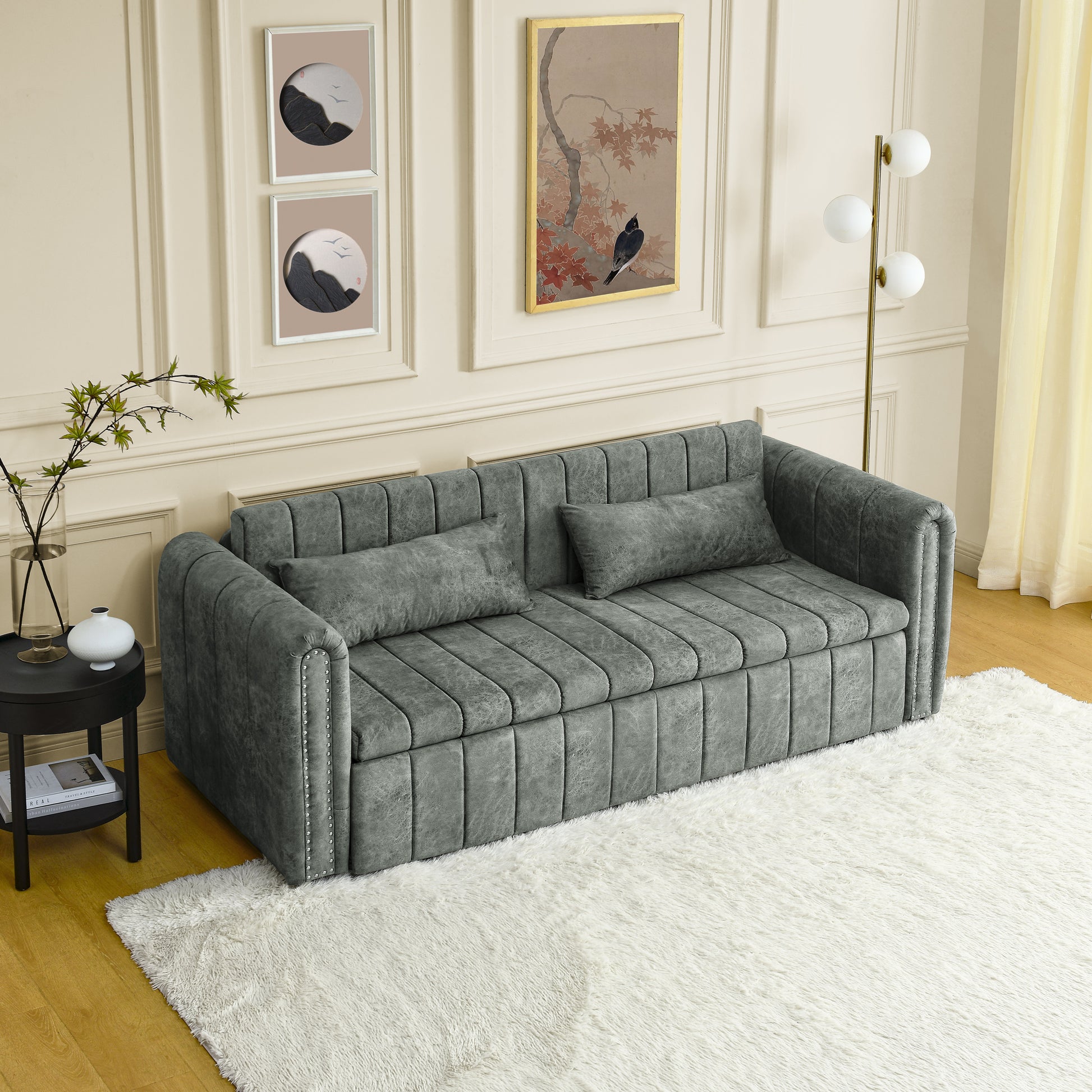 3 In 1 Pull Out Bed Sleeper, Modern Upholstered 3 Seats Lounge Sofa & Couches With Rolled Arms Decorated With Copper Nailsconvertible Futon 3 Seats Sofabed With Two Drawers And Two Pillows Grey Velvet Primary Living Space Medium Soft Cushion Back Square