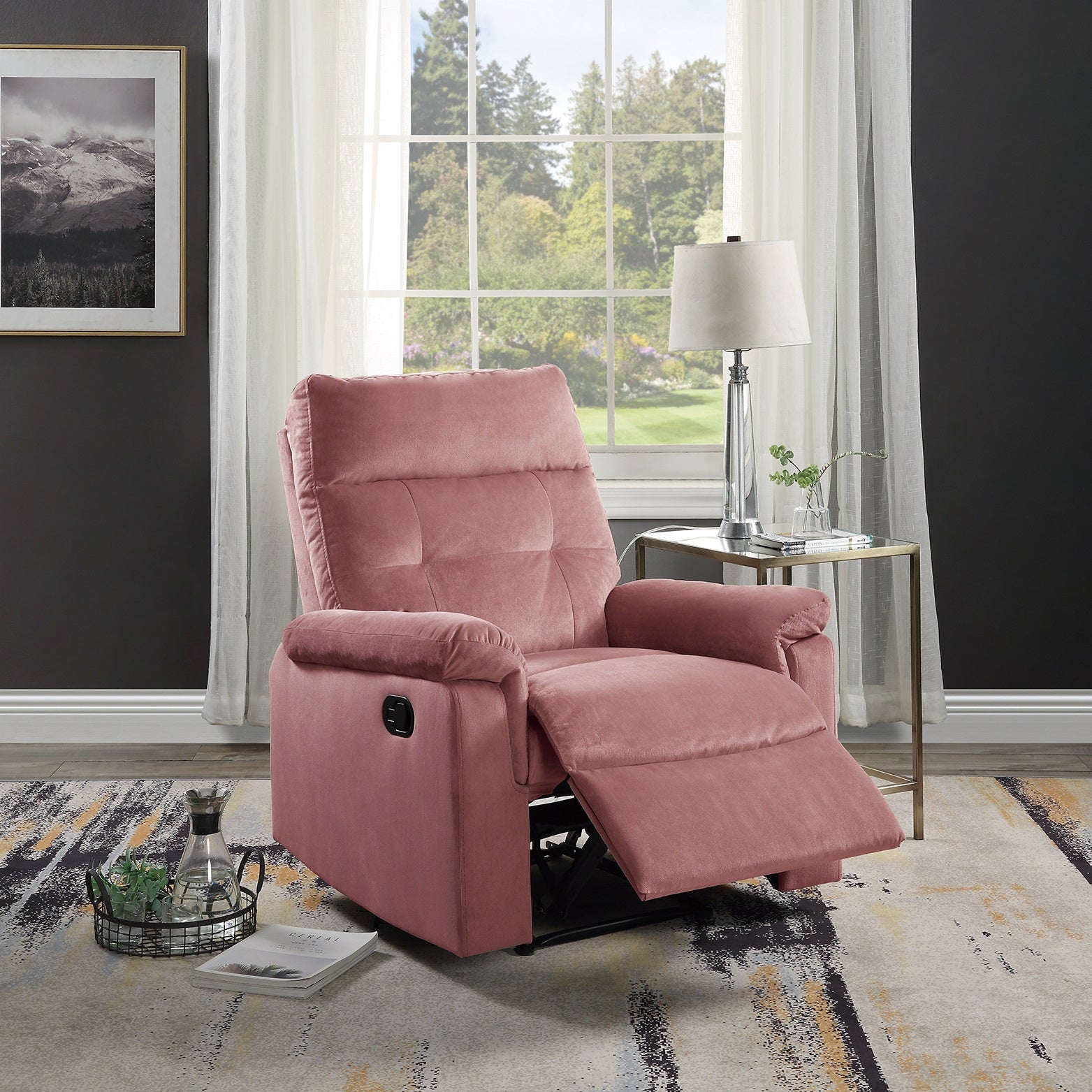 Luxurious Velvet Blush Pink Color Motion Recliner Chair 1Pc Couch Manual Motion Plush Armrest Tufted Back Living Room Furniture Chair Pink Velvet Manual Handle Metal Primary Living Space Cushion Back Contemporary,Modern,Transitional Handle Pillow Top