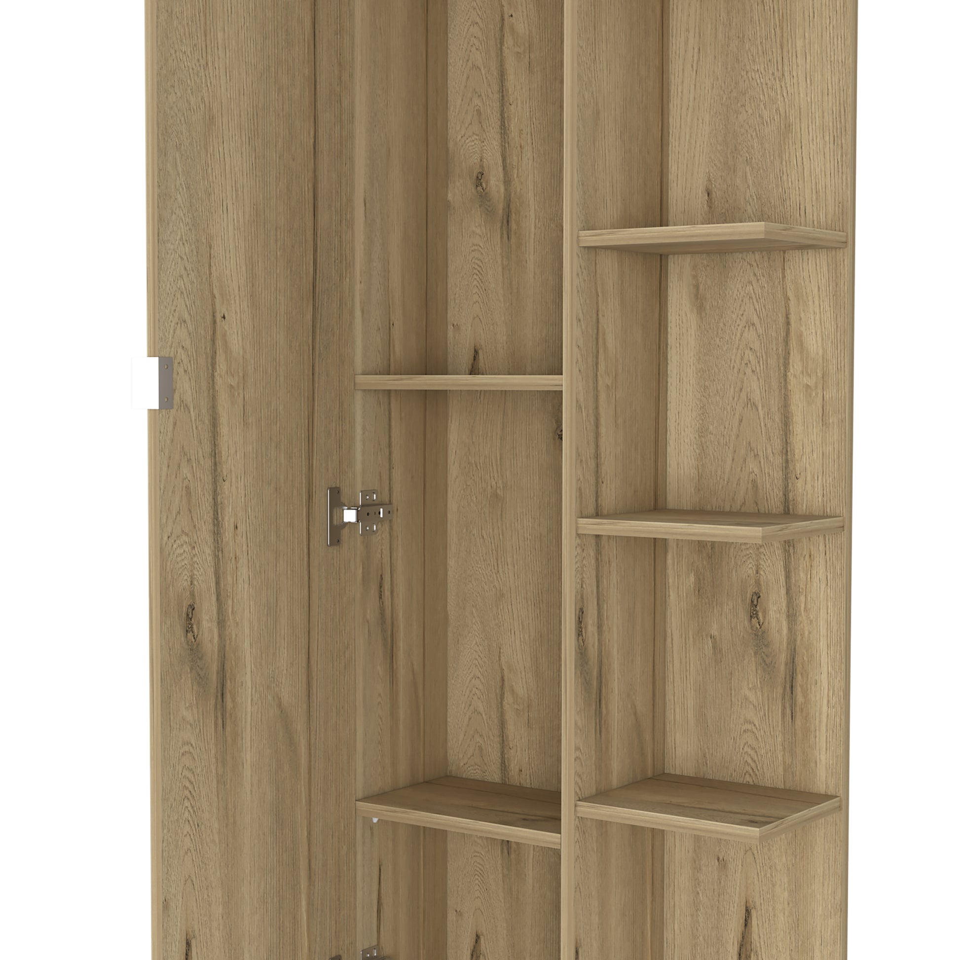 Linen Single Door Cabinet 62" H, Five External Shelves, Four Interior Shelves, Light Oak Beige Particle Board Particle Board