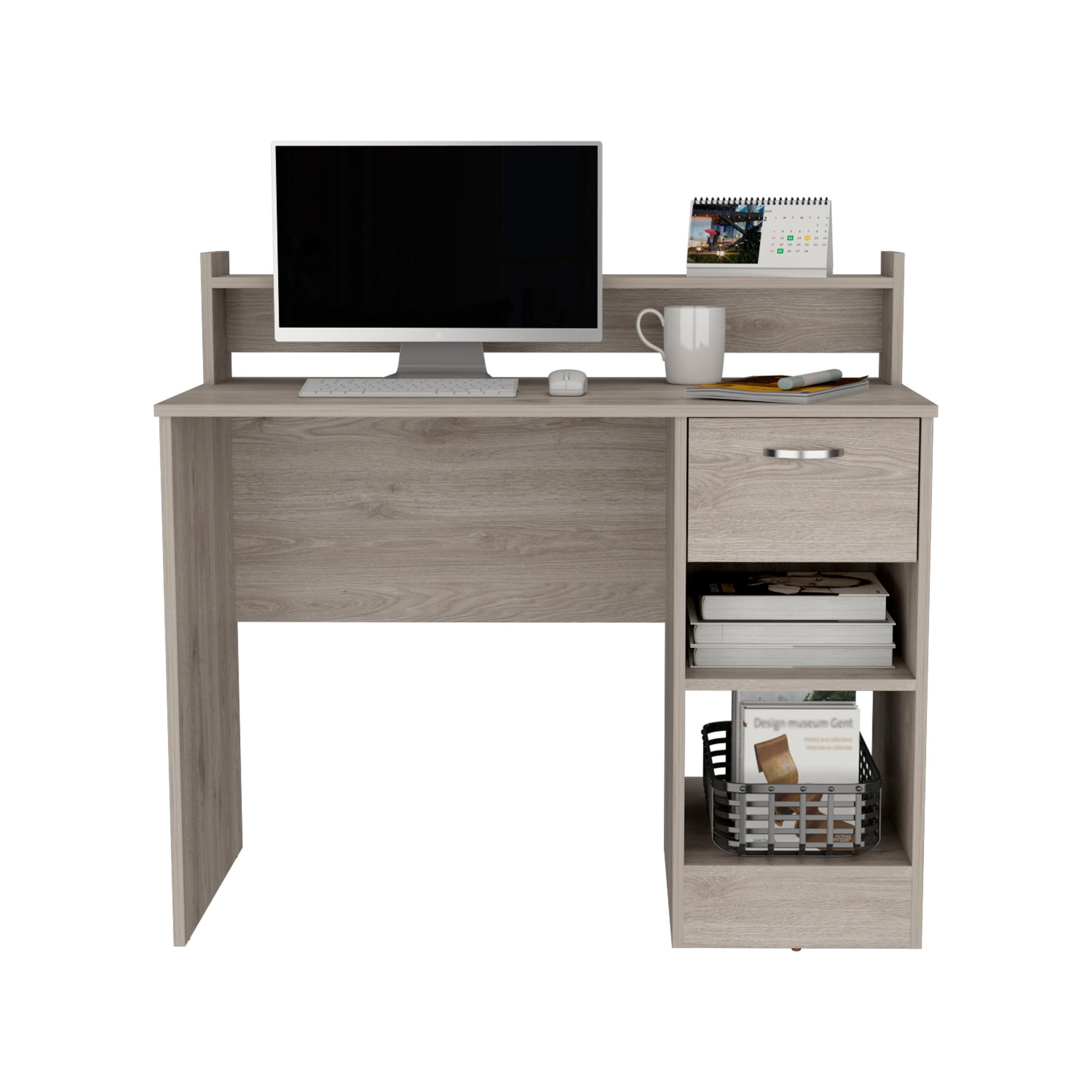 Computer Desk With Top Open Shelf, 1 Drawer And 2 Storage Shelves, Light Gray Gray Particle Board Particle Board