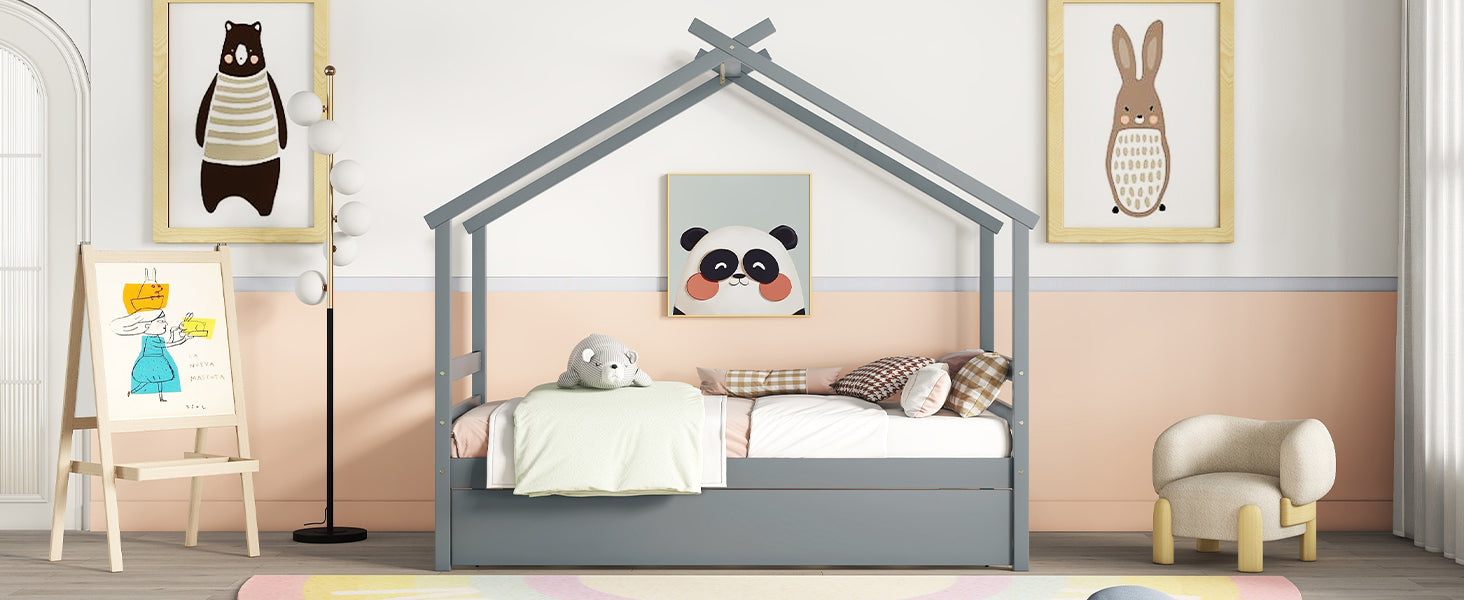 Twin Size House Shaped Bed With Trundle,Grey Twin Grey Wood Bedroom American Design Pine Bed Frame Pine