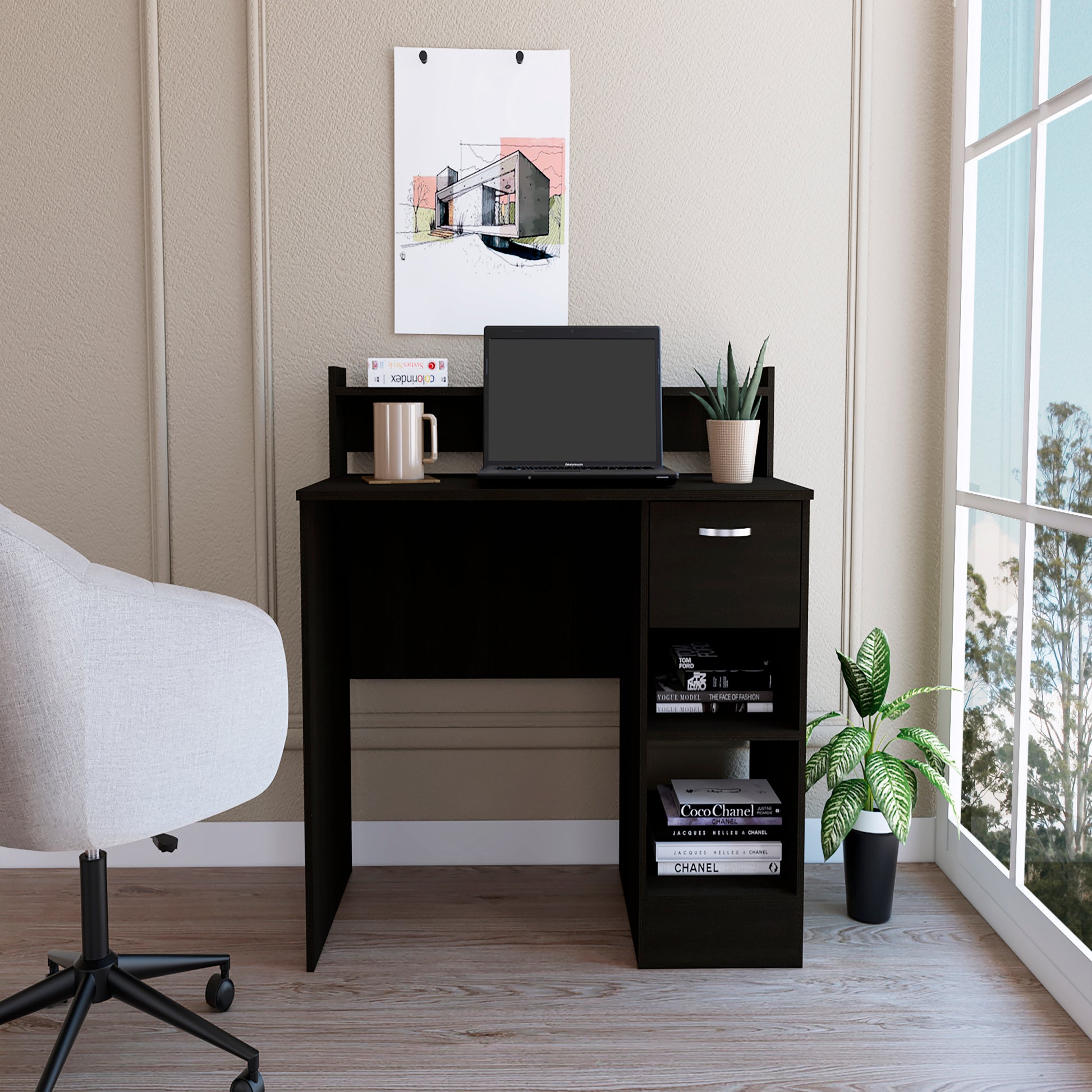 Vera Computer Desk With Top Open Shelf, 1 Drawer And 2 Storage Shelves, Black Black Particle Board Particle Board