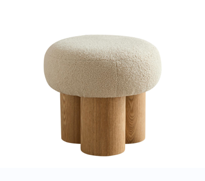 W8017 1 Mushroom Stool, Grieg Plush Cushion, Wooden Barrel Pvc Pipe, Walnut Finish Greige Broadcloth Pleat