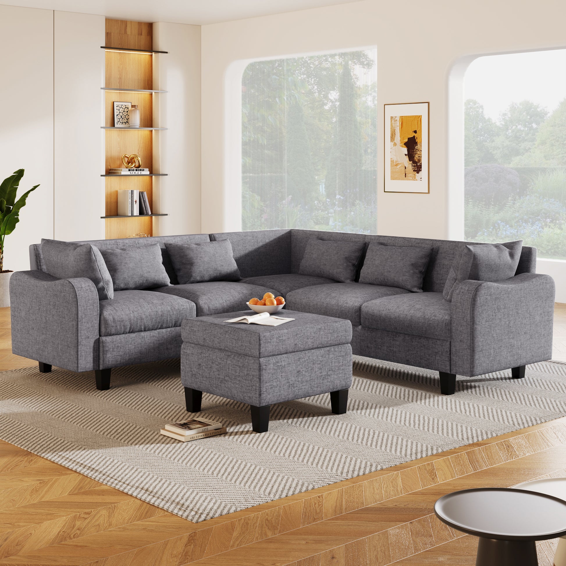 87" Modern Sectional Sofa With Coffee Table,6 Seat Couch Set With Storage Ottoman,Various Combinations,L Shape Indoor Furniture With Unique Armrests For Living Room,Apartment, 2 Colors 6 Pillows Gray Linen 6 Seat