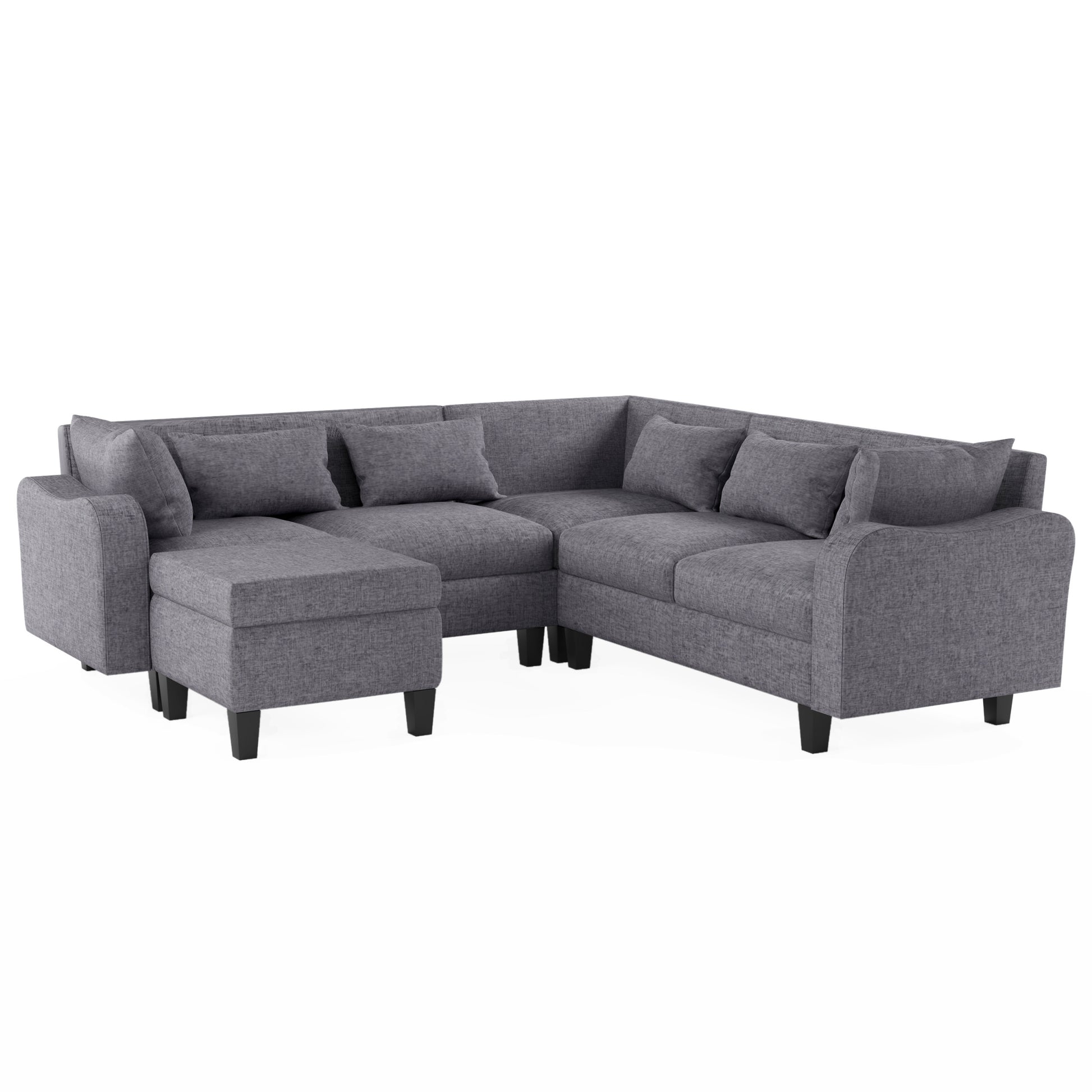 87" Modern Sectional Sofa With Coffee Table,6 Seat Couch Set With Storage Ottoman,Various Combinations,L Shape Indoor Furniture With Unique Armrests For Living Room,Apartment, 2 Colors 6 Pillows Gray Linen 6 Seat