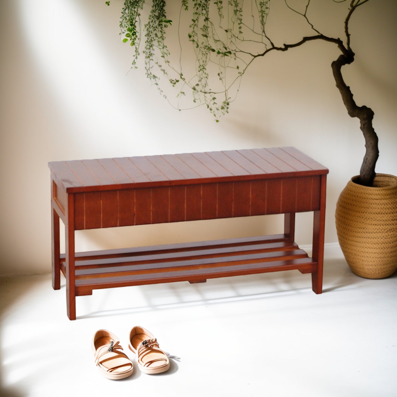 Quality Solid Wood Shoe Bench With Storage, Cherry Cherry Wood