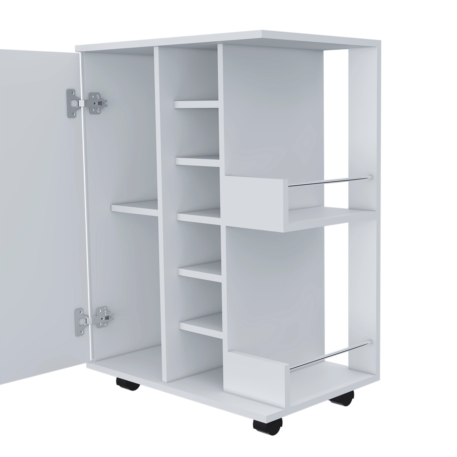 32" H White Bar Coffee Cart, Cabinet Storage, With 4 Wheels, 1 Divided Storage With 1 Shelf, 1 Folding Door, A Central Vertical Division For 6 Bottles And 2 Side Shelves With Aluminum Front White Particle Board Particle Board