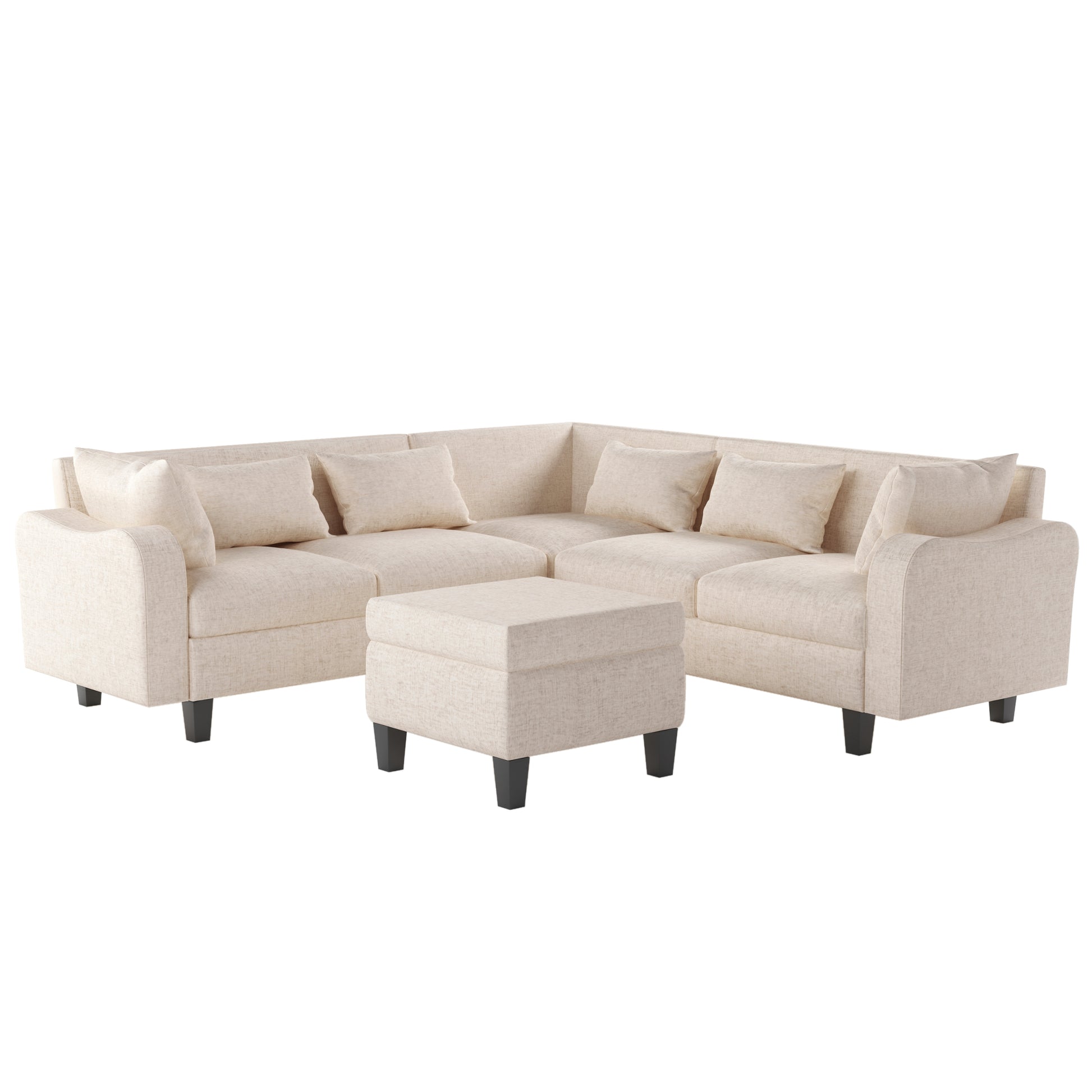 87" Modern Sectional Sofa With Coffee Table,6 Seat Couch Set With Storage Ottoman,Various Combinations,L Shape Indoor Furniture With Unique Armrests For Living Room,Apartment, 2 Colors 6 Pillows Beige Linen 6 Seat