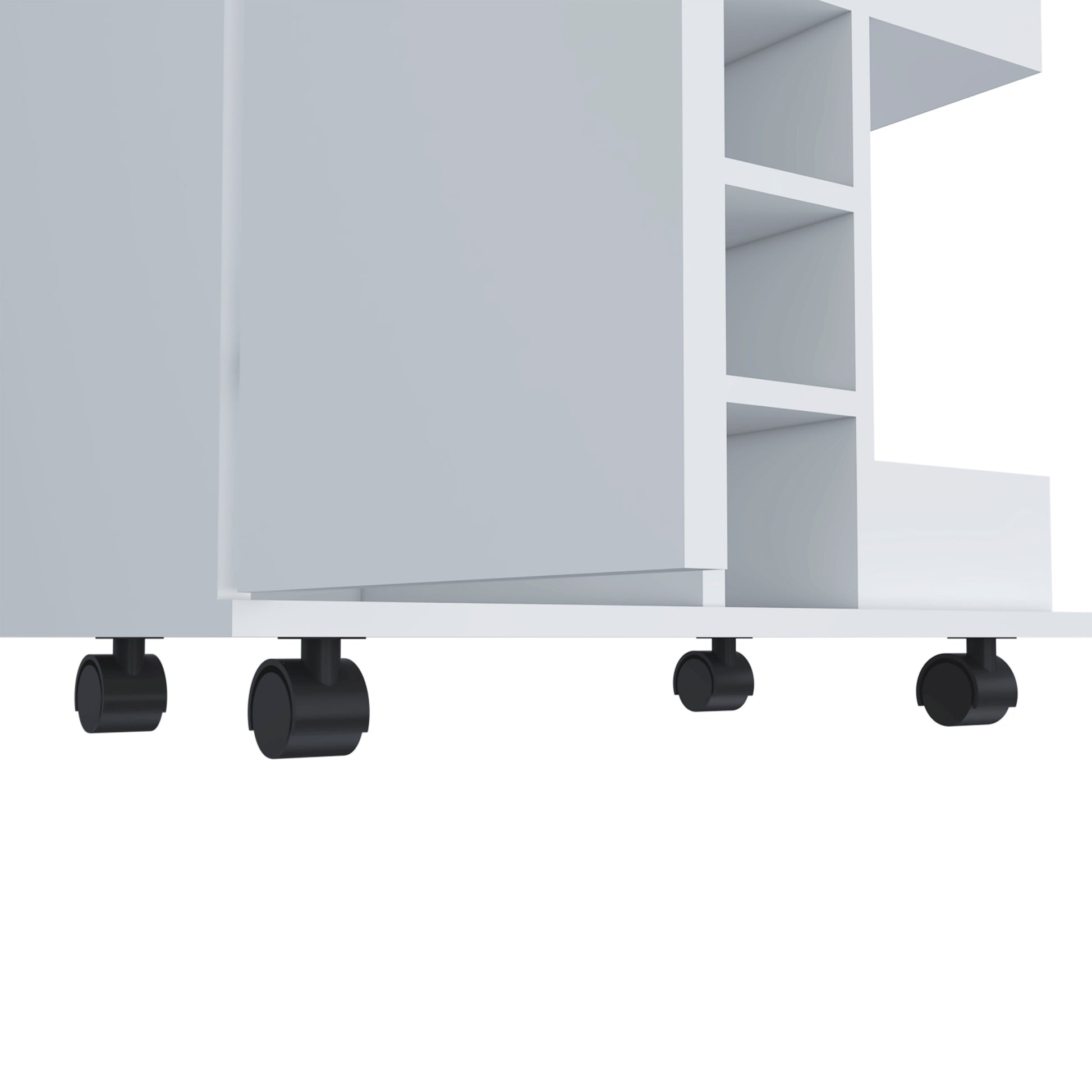 32" H White Bar Coffee Cart, Cabinet Storage, With 4 Wheels, 1 Divided Storage With 1 Shelf, 1 Folding Door, A Central Vertical Division For 6 Bottles And 2 Side Shelves With Aluminum Front White Particle Board Particle Board