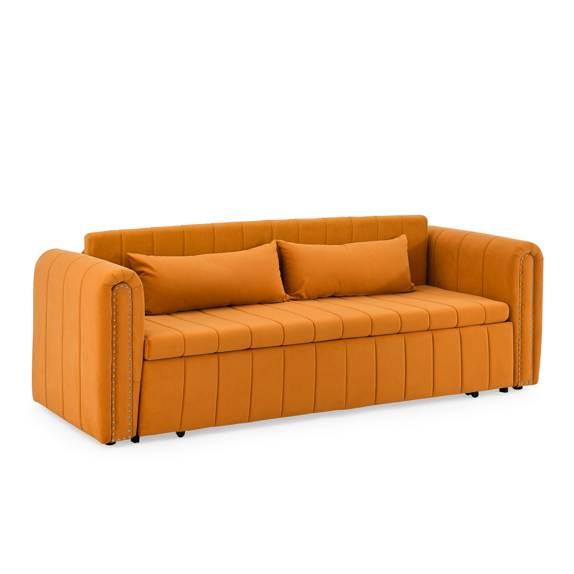 3 In 1 Pull Out Bed Sleeper, Modern Upholstered 3 Seats Lounge Sofa & Couches With Rolled Arms Decorated With Copper Nailsconvertible Futon 3 Seats Sofabed With Two Drawers And Two Pillows Orange Velvet Primary Living Space Medium Soft Cushion Back