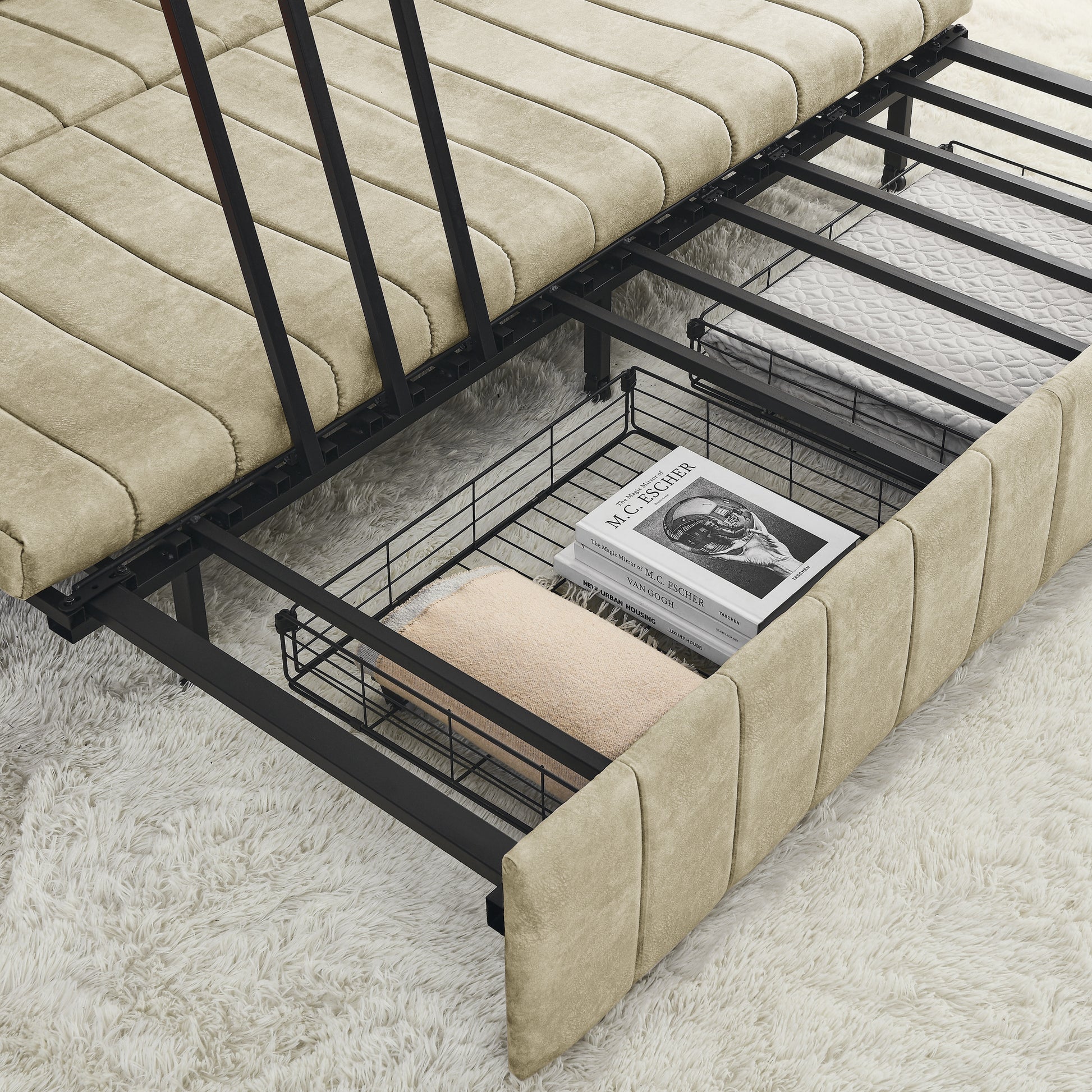 3 In 1 Pull Out Bed Sleeper, Modern Upholstered 3 Seats Lounge Sofa & Couches With Rolled Arms Decorated With Copper Nailsconvertible Futon 3 Seats Sofabed With Two Drawers And Two Pillows Beige Velvet Primary Living Space Medium Soft Cushion Back Square