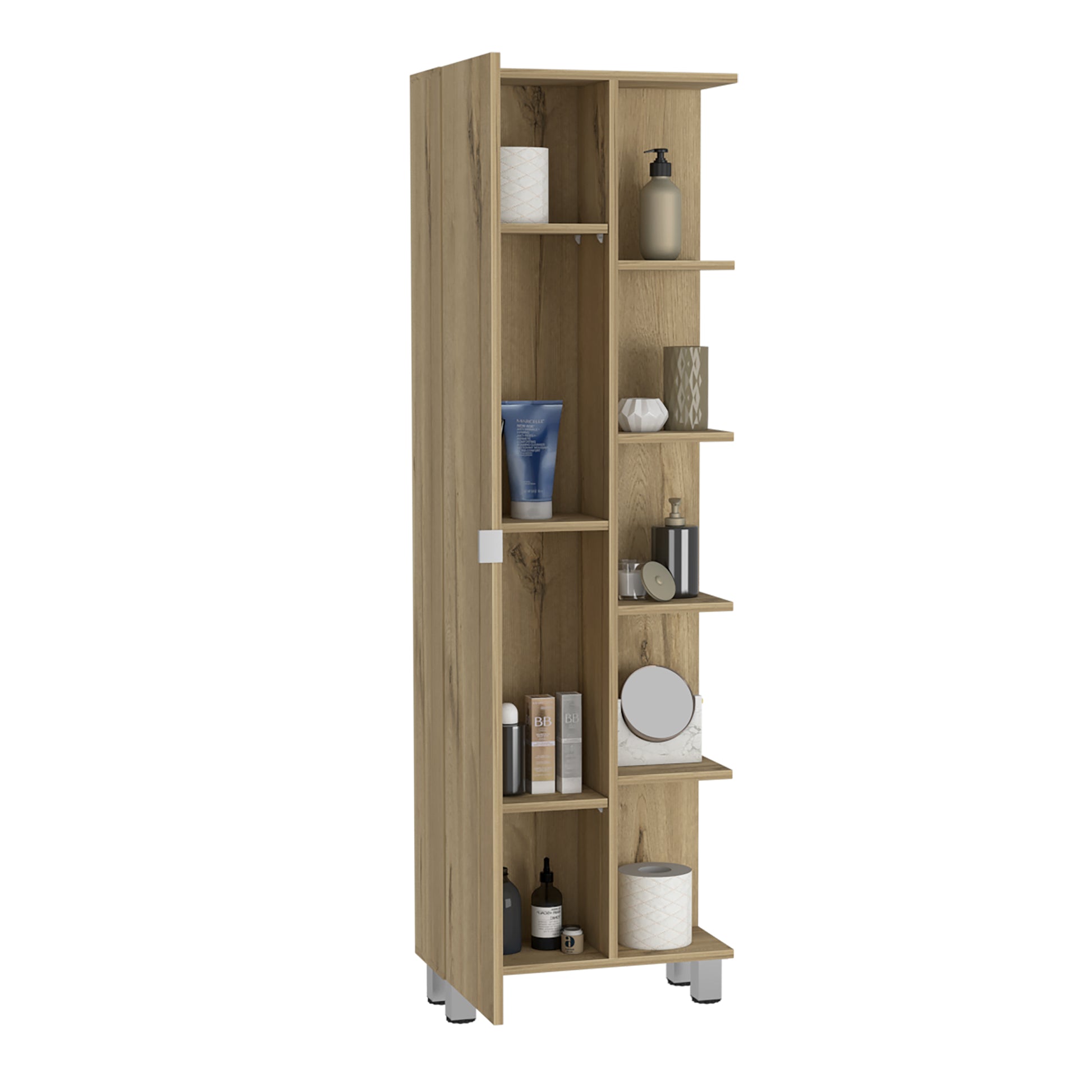 Linen Single Door Cabinet 62" H, Five External Shelves, Four Interior Shelves, Light Oak Beige Particle Board Particle Board