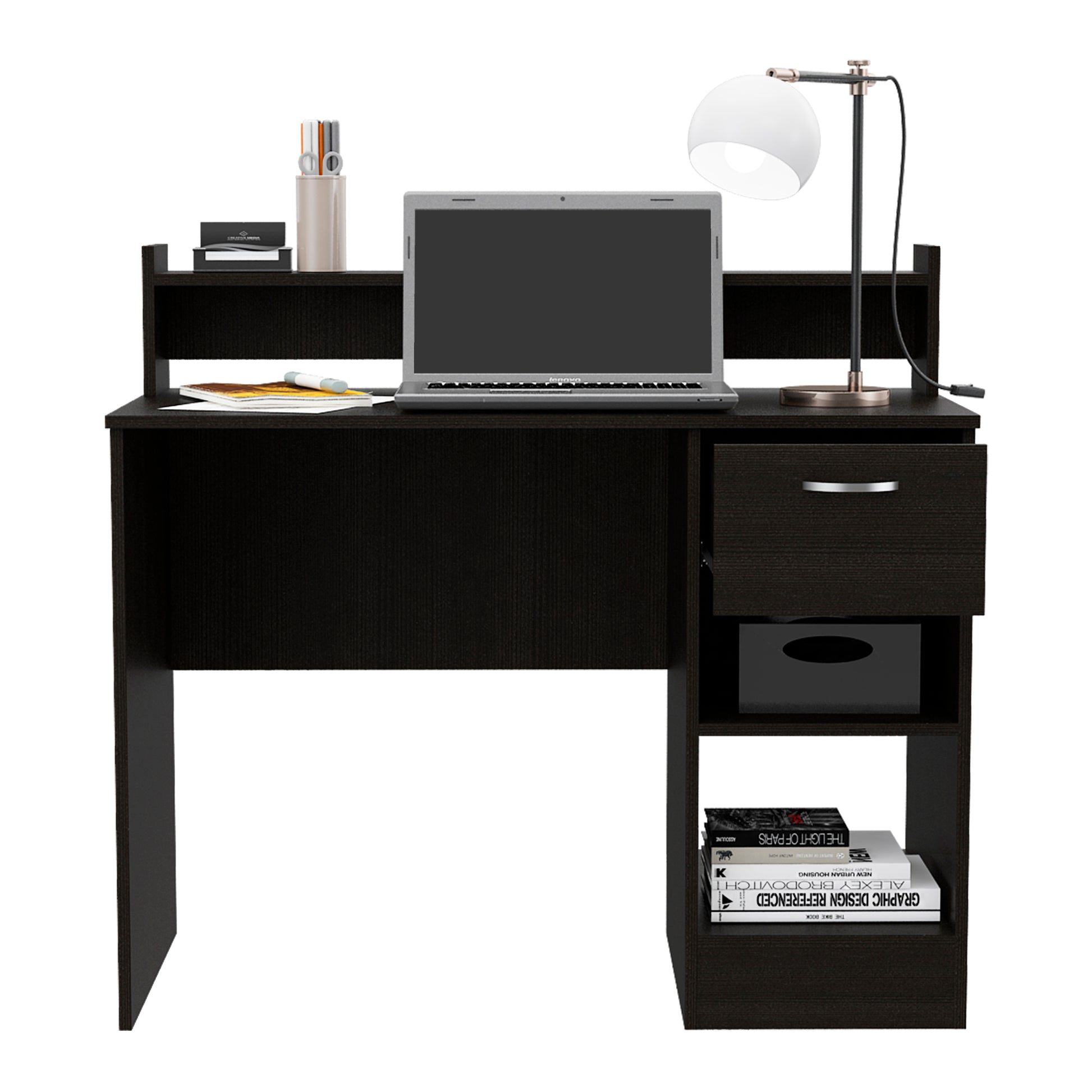 Vera Computer Desk With Top Open Shelf, 1 Drawer And 2 Storage Shelves, Black Black Particle Board Particle Board