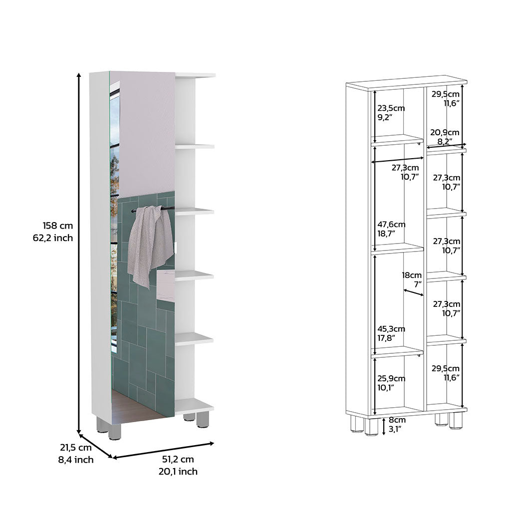 62H"Mirror Linen Single Door Cabinet, Five External Shelves, Four Interior Shelves, White White Particle Board Particle Board