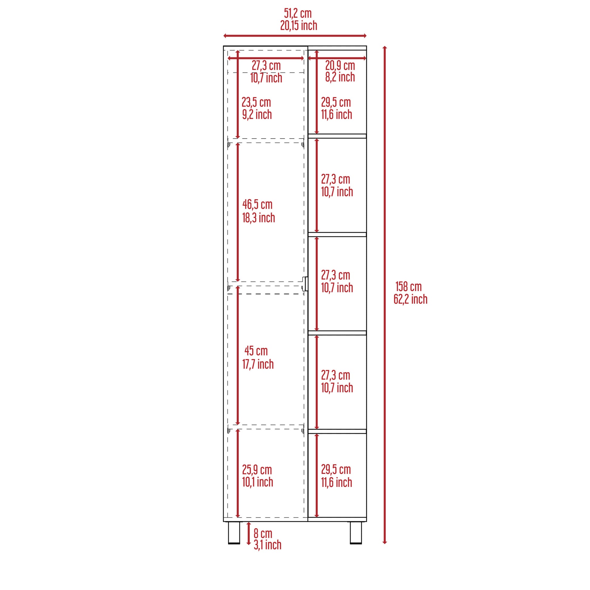 Linen Single Door Cabinet 62" H, Five External Shelves, Four Interior Shelves, Light Oak Beige Particle Board Particle Board