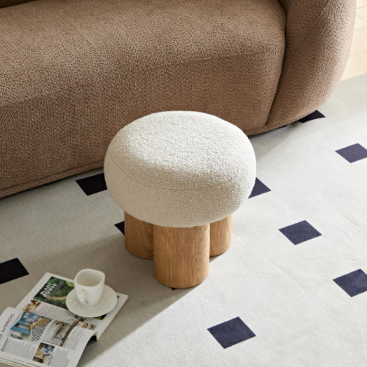 W8017 1 Mushroom Stool, Grieg Plush Cushion, Wooden Barrel Pvc Pipe, Walnut Finish Greige Broadcloth Pleat