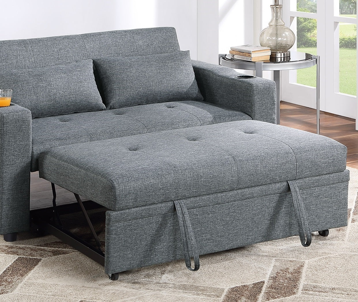 Contemporary Black Gray Sleeper Sofa Pillows Plush Tufted Seat 1Pc Convertible Sofa W Cup Holder Polyfiber Couch Living Room Furniture Grey Blue Wood Primary Living Space Contemporary,Modern Pine Fabric 2 Seat