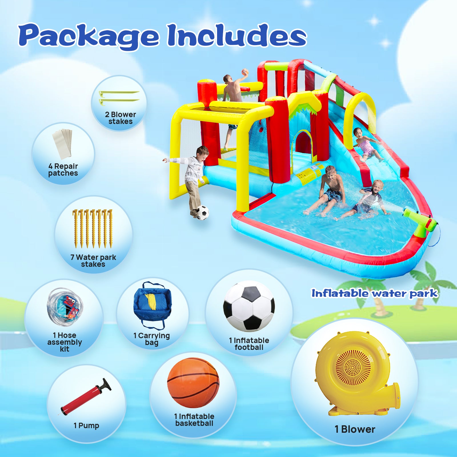 7 In1 Inflatable Slide Water Park Bouncing House Outdoor Soccer Garden Bouncer With Splash Pool & Water& Climbing Wall & Basketball & Football Multicolor Oxford Fabric