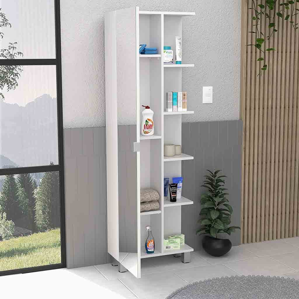 62H"Mirror Linen Single Door Cabinet, Five External Shelves, Four Interior Shelves, White White Particle Board Particle Board