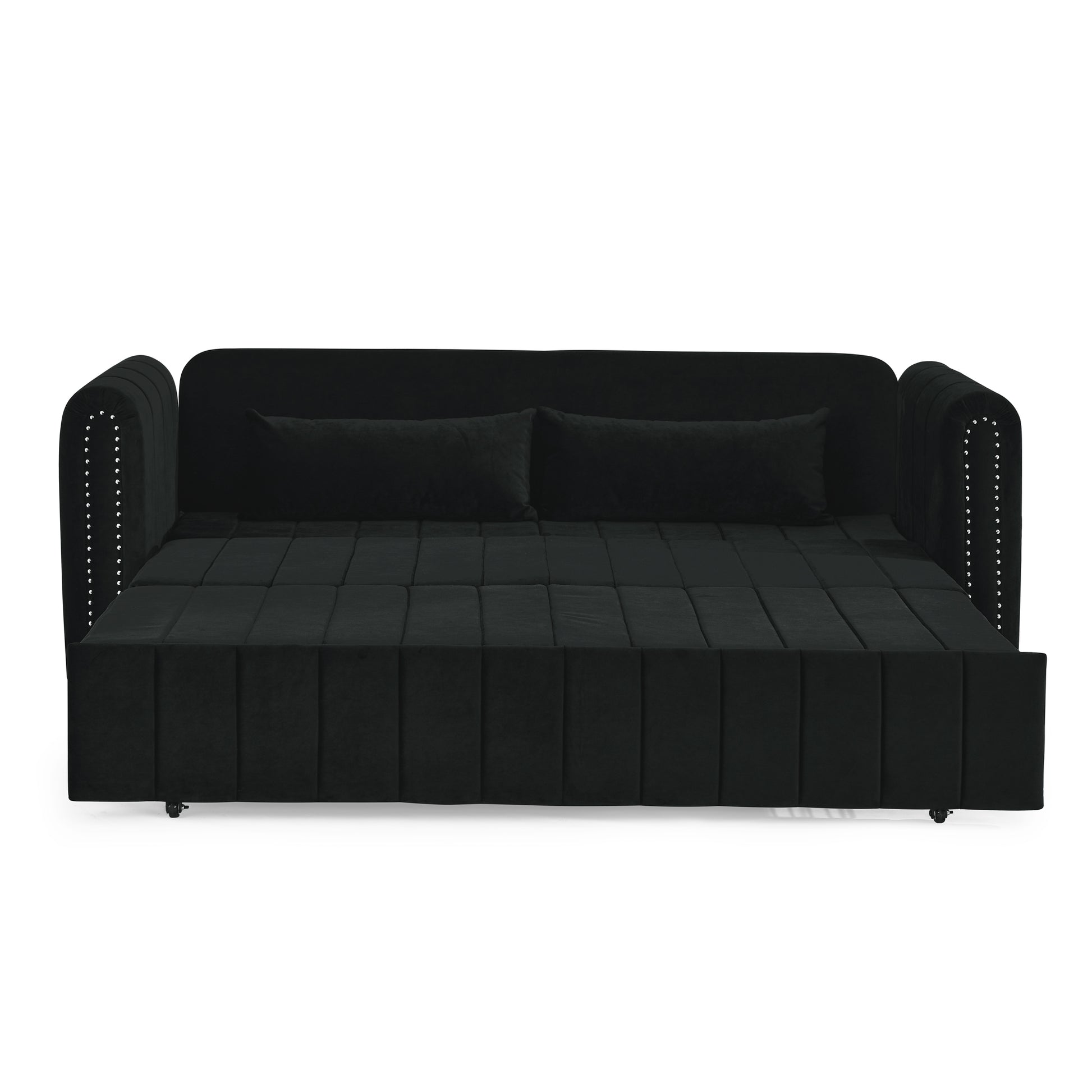 3 In 1 Pull Out Bed Sleeper, Modern Upholstered 3 Seats Lounge Sofa & Couches With Rolled Arms Decorated With Copper Nailsconvertible Futon 3 Seats Sofabed With Two Drawers And Two Pillows Black Velvet Primary Living Space Medium Soft Cushion Back Rolled