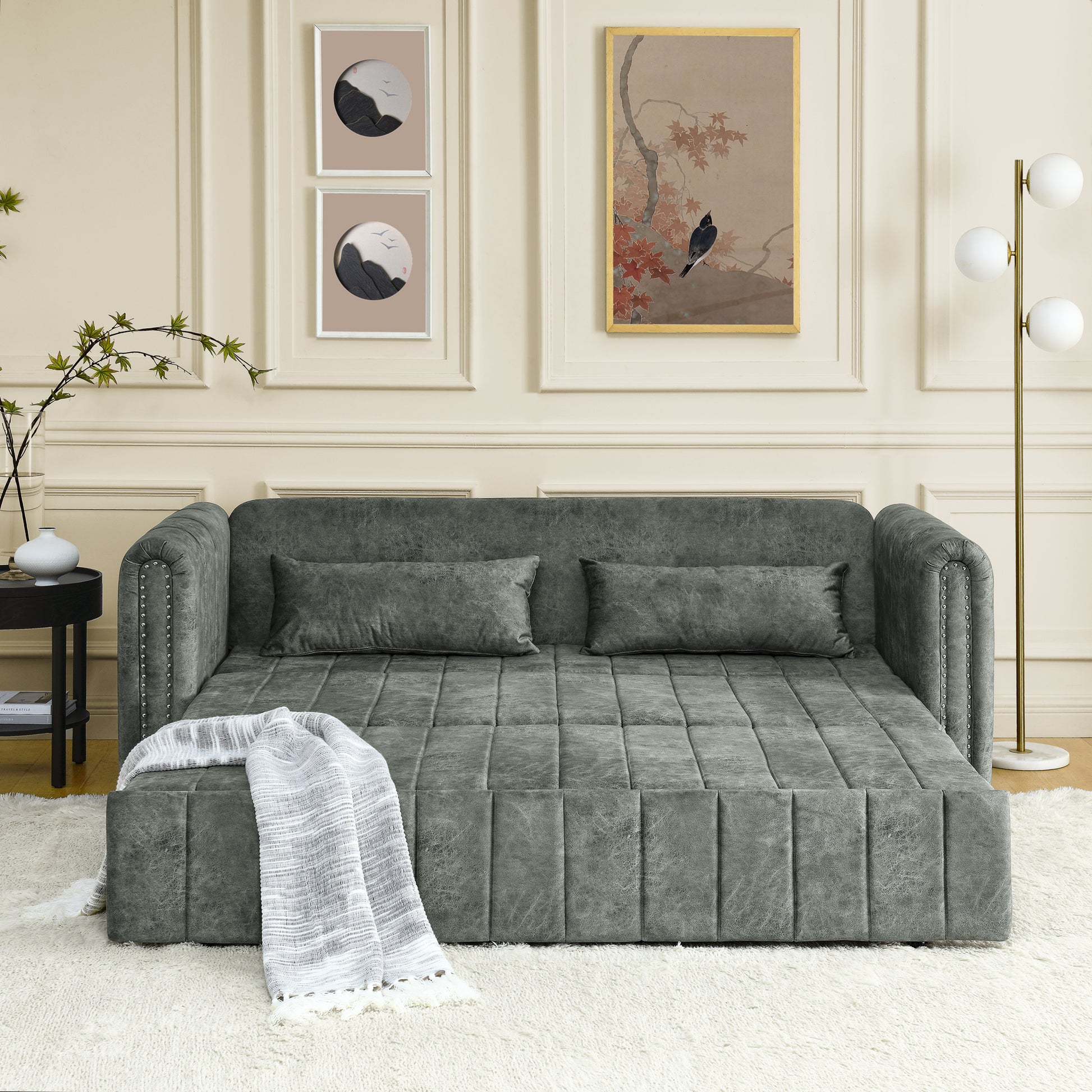 3 In 1 Pull Out Bed Sleeper, Modern Upholstered 3 Seats Lounge Sofa & Couches With Rolled Arms Decorated With Copper Nailsconvertible Futon 3 Seats Sofabed With Two Drawers And Two Pillows Grey Velvet Primary Living Space Medium Soft Cushion Back Square