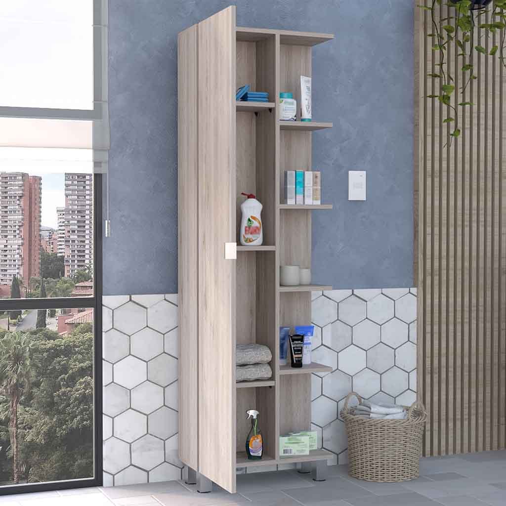 Linen Single Door Cabinet 62" H, Five External Shelves, Four Interior Shelves, Light Gray Gray Particle Board Particle Board